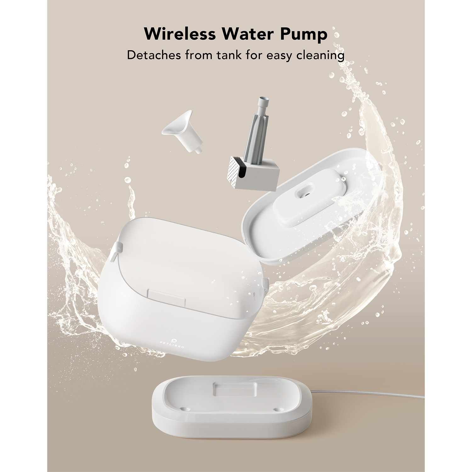 Deconstructed white wireless water pump parts, with water splash effect.