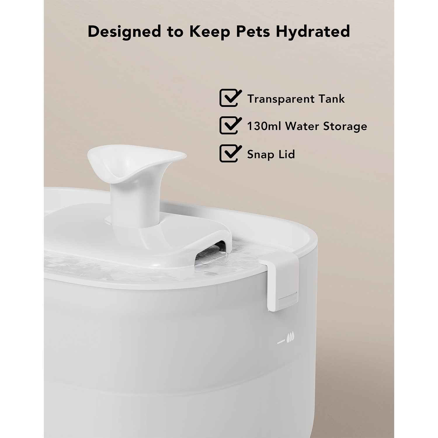 Pet water fountain with a transparent tank, 130ml water storage, and a snap lid.