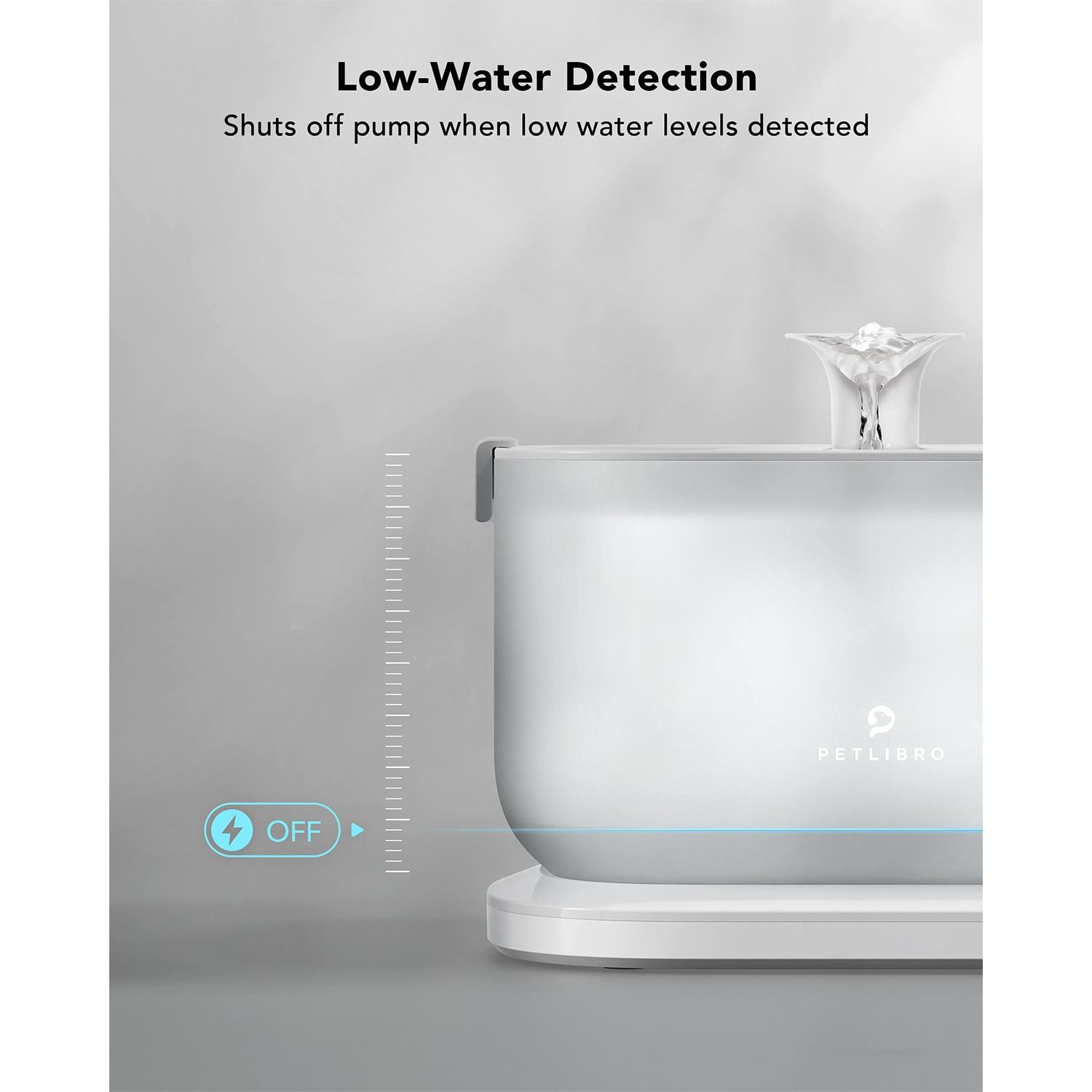 A pet water fountain with a water level indicator and a fountain.