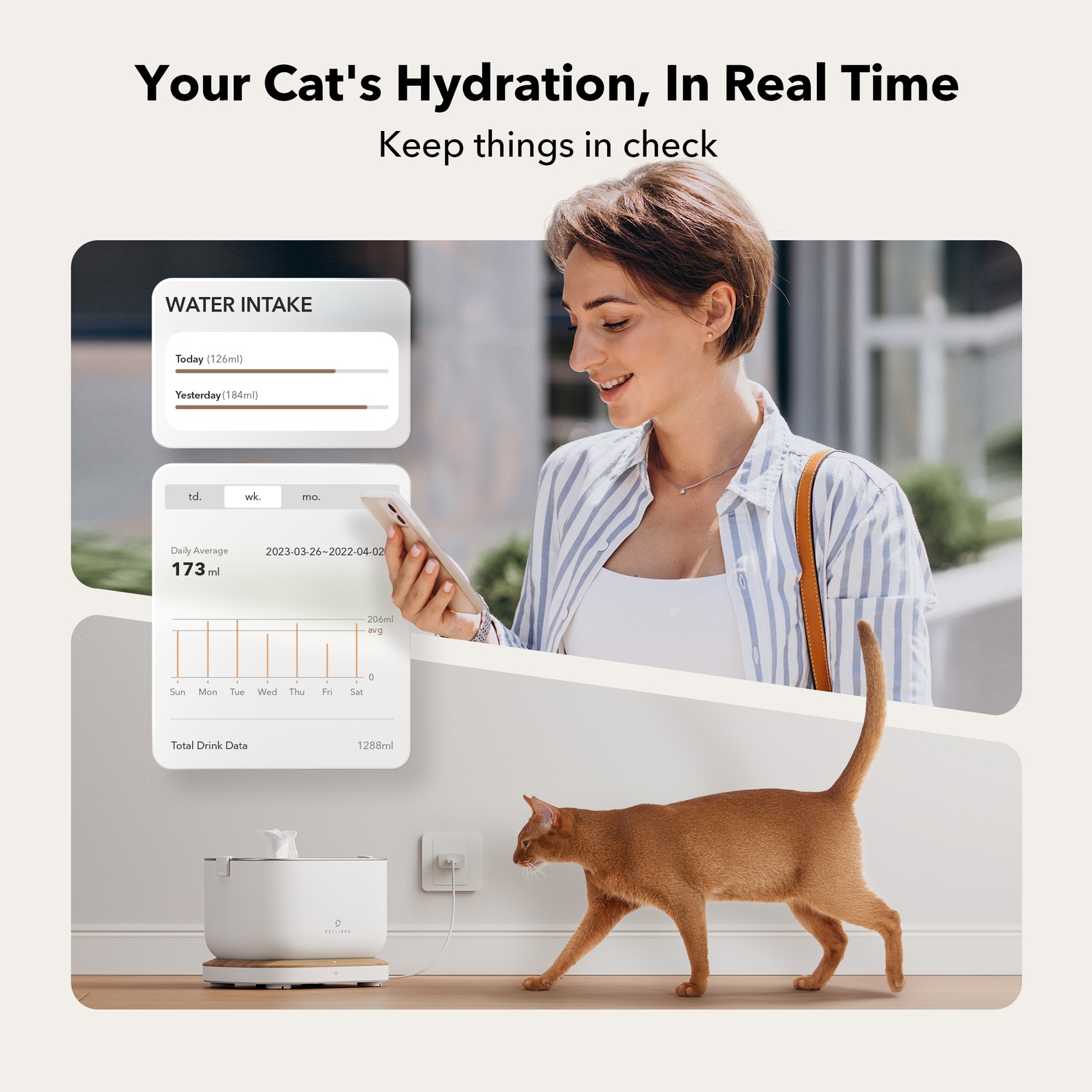 Woman checks cat's water intake on phone. Cat walks by a white water fountain.
