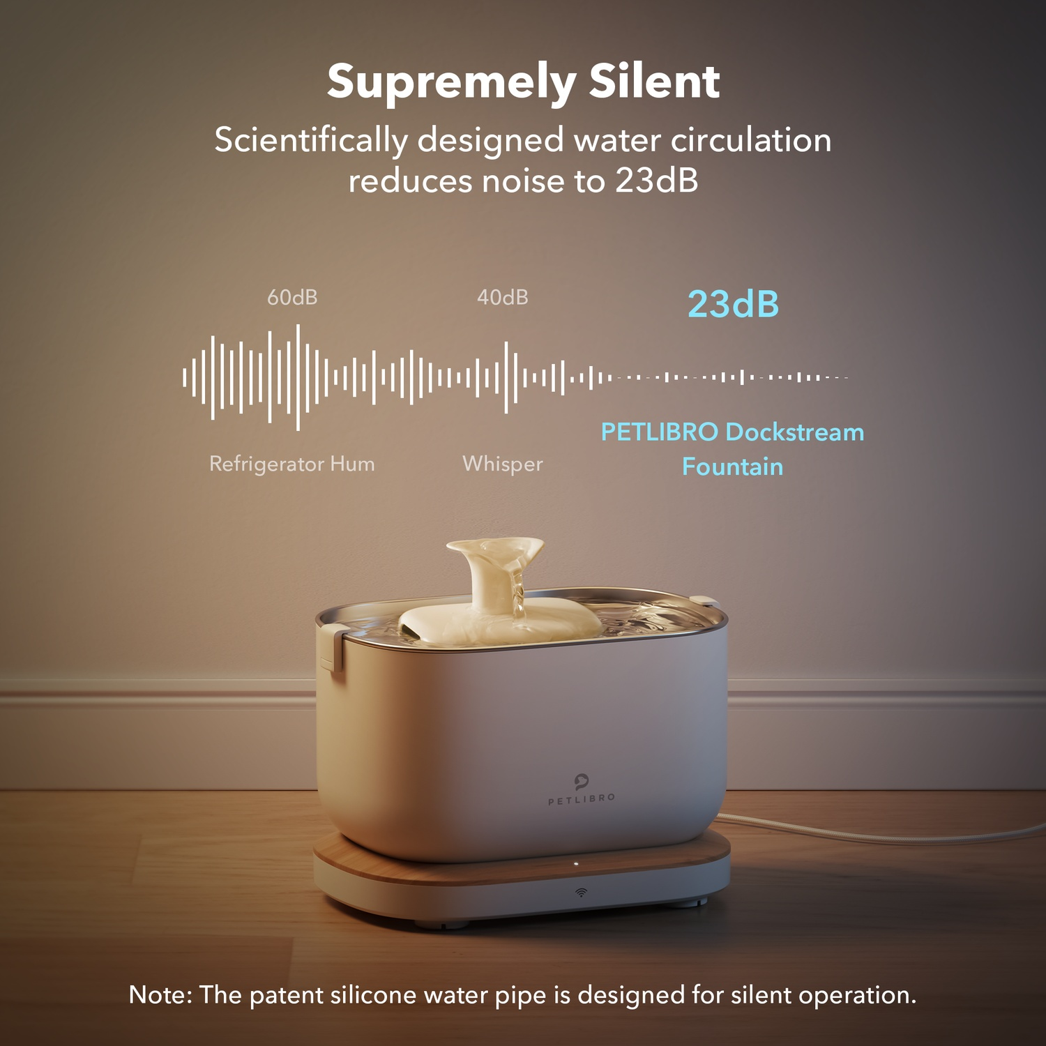 A white pet fountain with text about silent operation and noise levels compared to other sounds.
