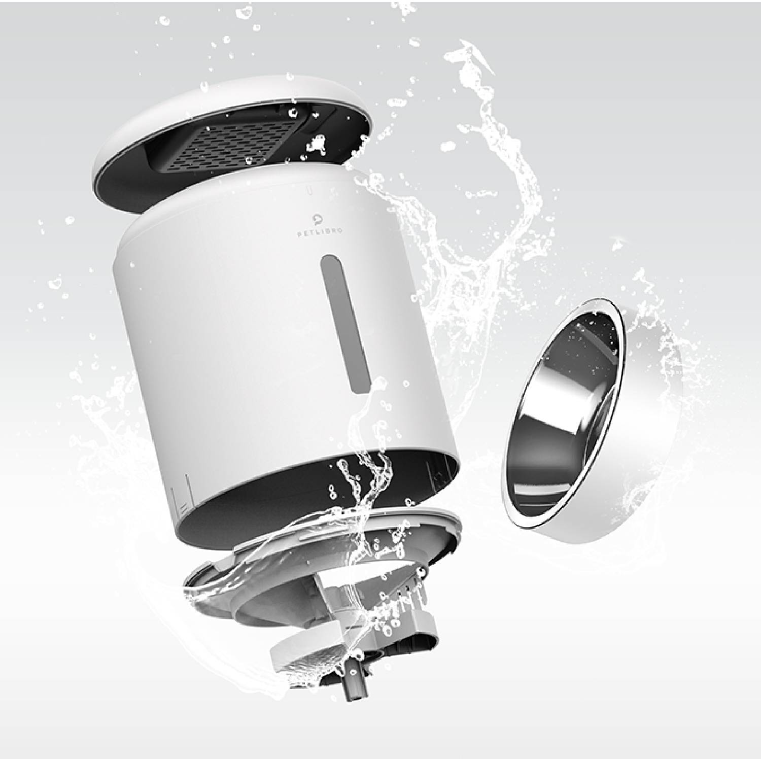 An exploded view of a white pet water dispenser with water splashes.