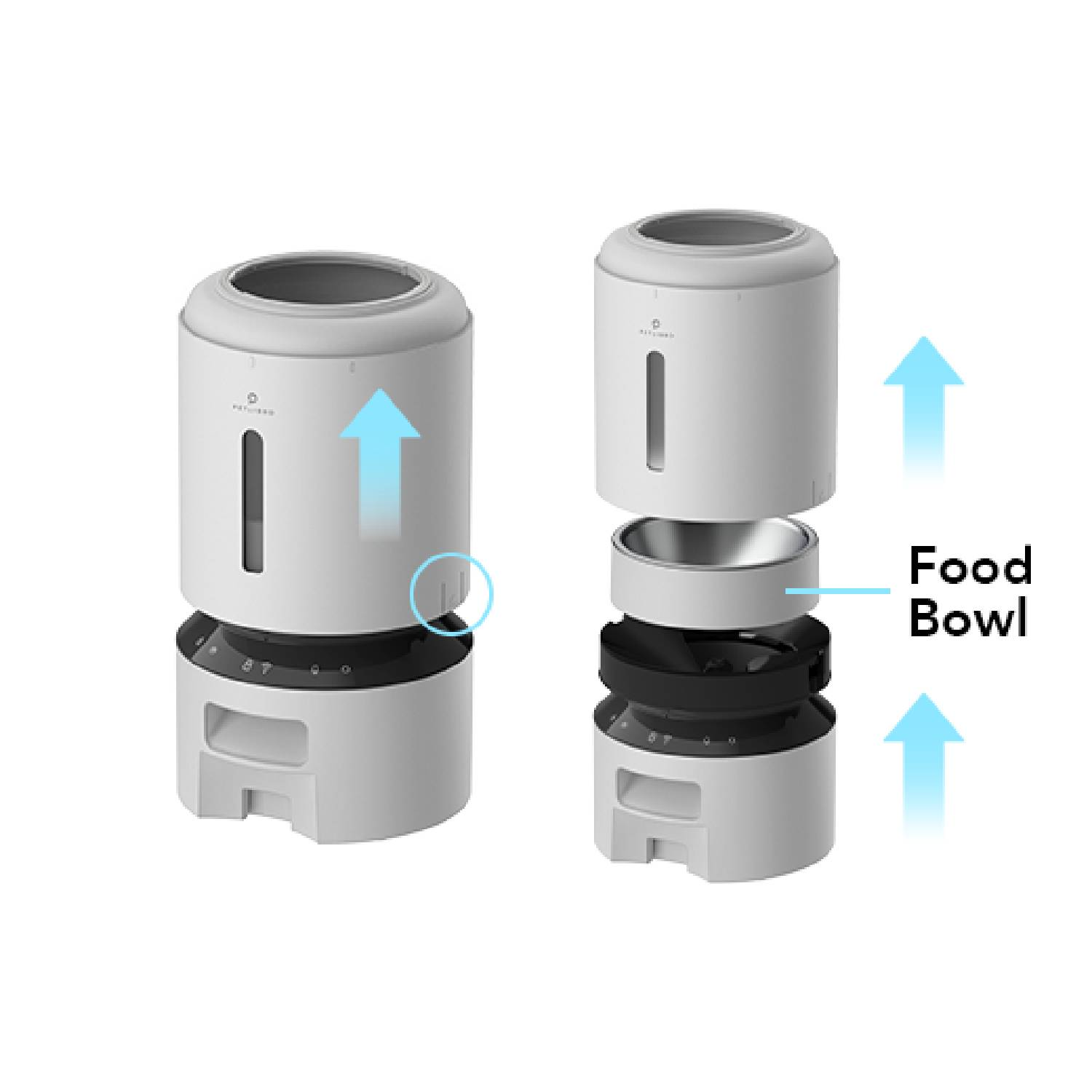 Pet food dispenser with two stacked white cylindrical parts and a food bowl.