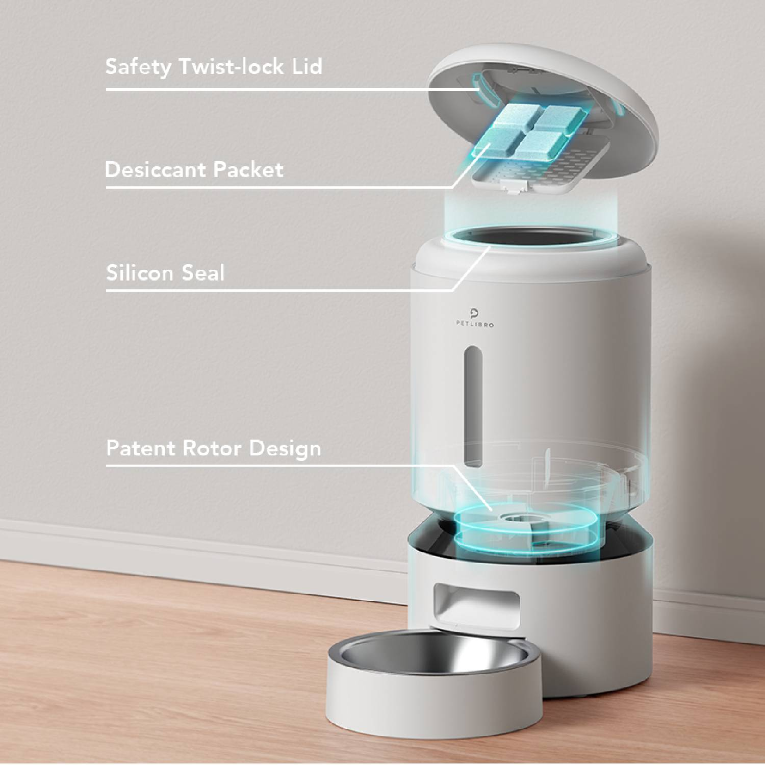 White pet food dispenser with lid open, showing desiccant packets and internal components.