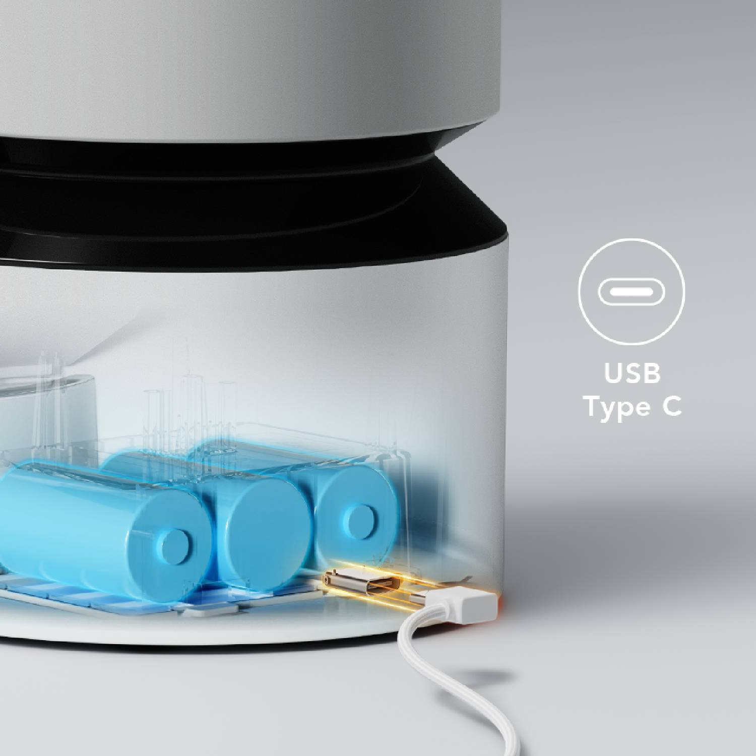 A close-up showing a charging station with blue batteries and a USB Type C cable.