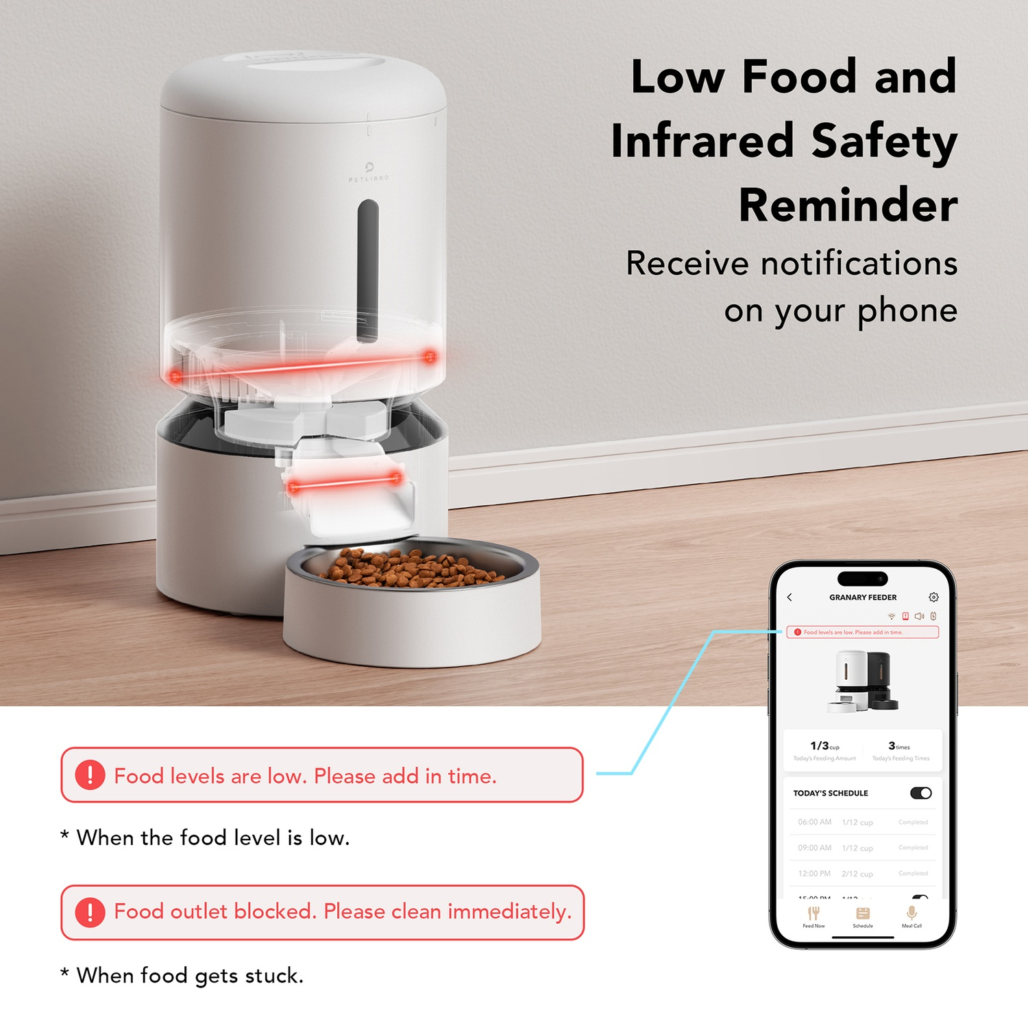 White pet feeder showing low food and outlet issues. Notifications on phone screen are highlighted.