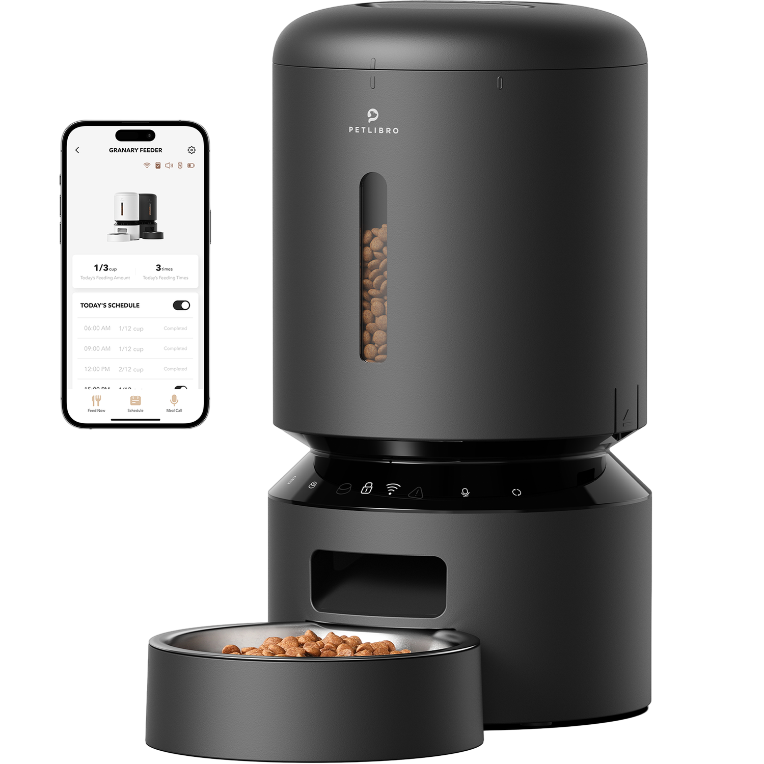 A black pet food dispenser with a bowl and a phone showing the feeding schedule app.