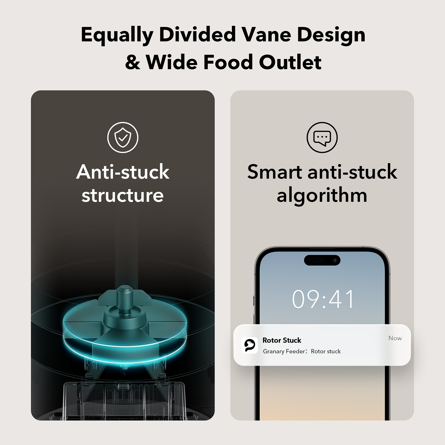 Diagram showing anti-stuck structure and smart algorithm. Phone screen shows rotor stuck.