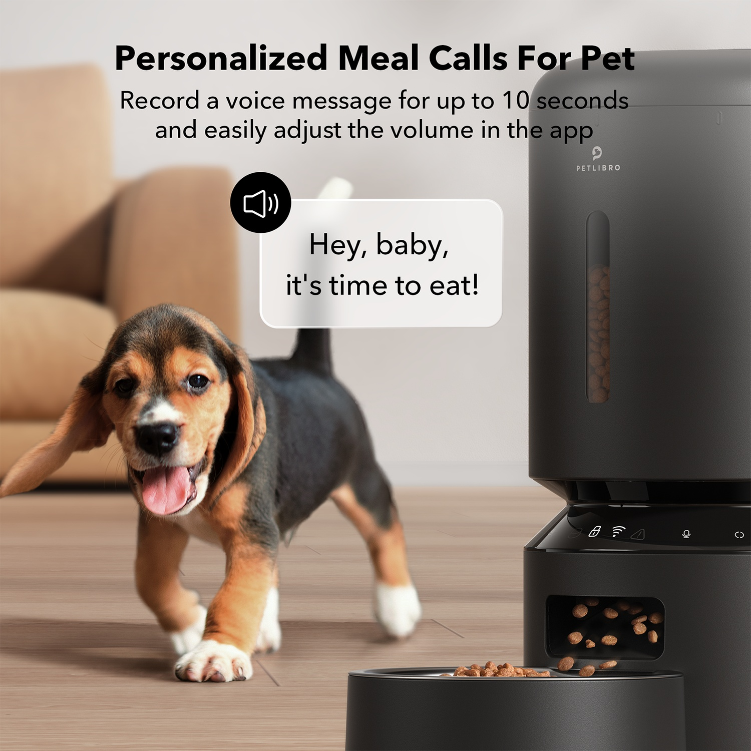 Beagle puppy with pet feeder and a speech bubble with the text, Hey, baby, it's time to eat!