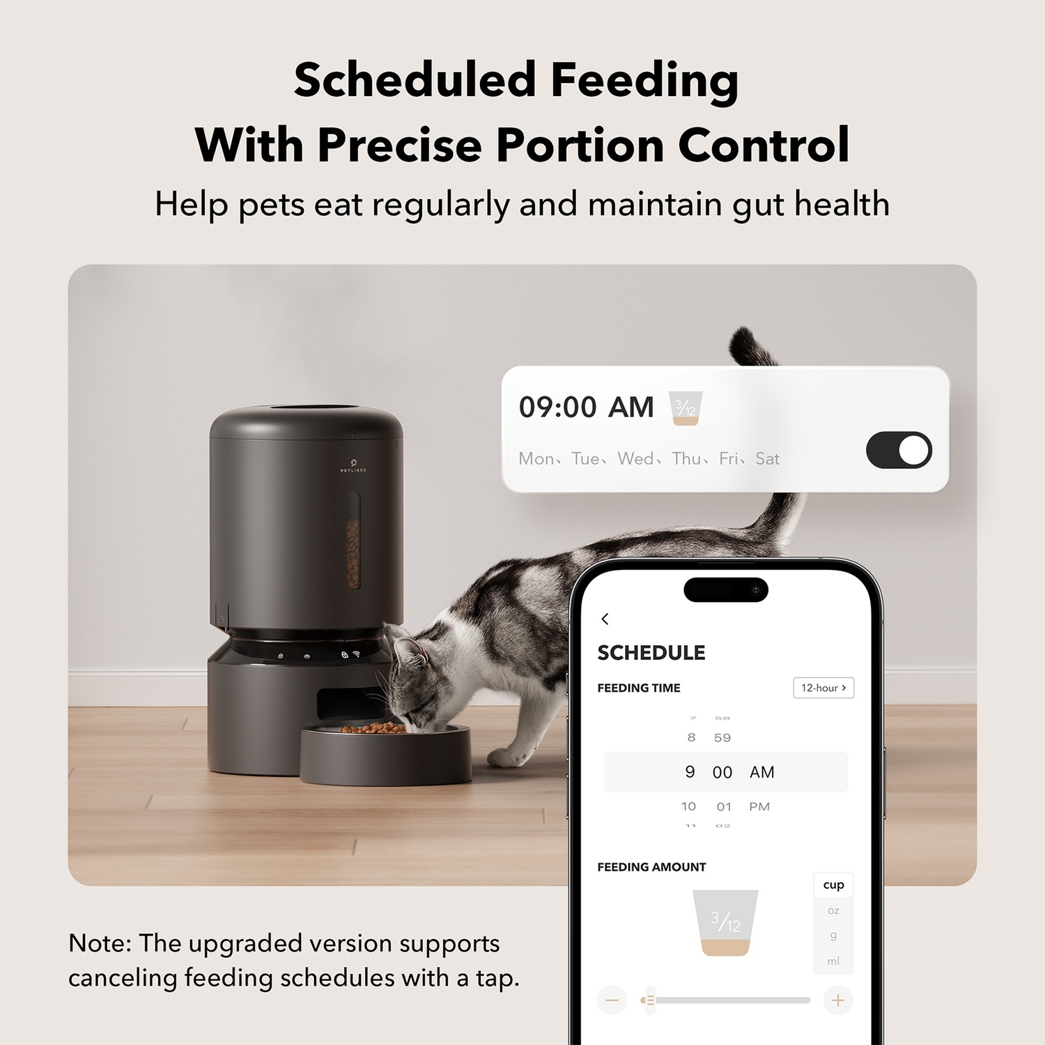 A cat eating from a bowl. A phone shows a schedule for feeding. The pet feeder is in the background.