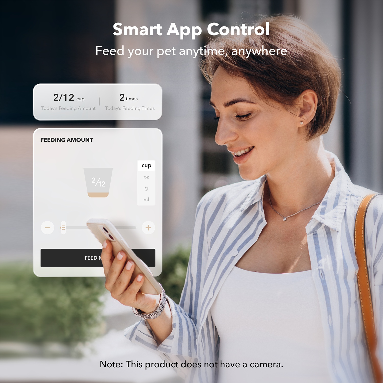 Woman holding phone, app screen shows feeding amount. Smart app control text is above.