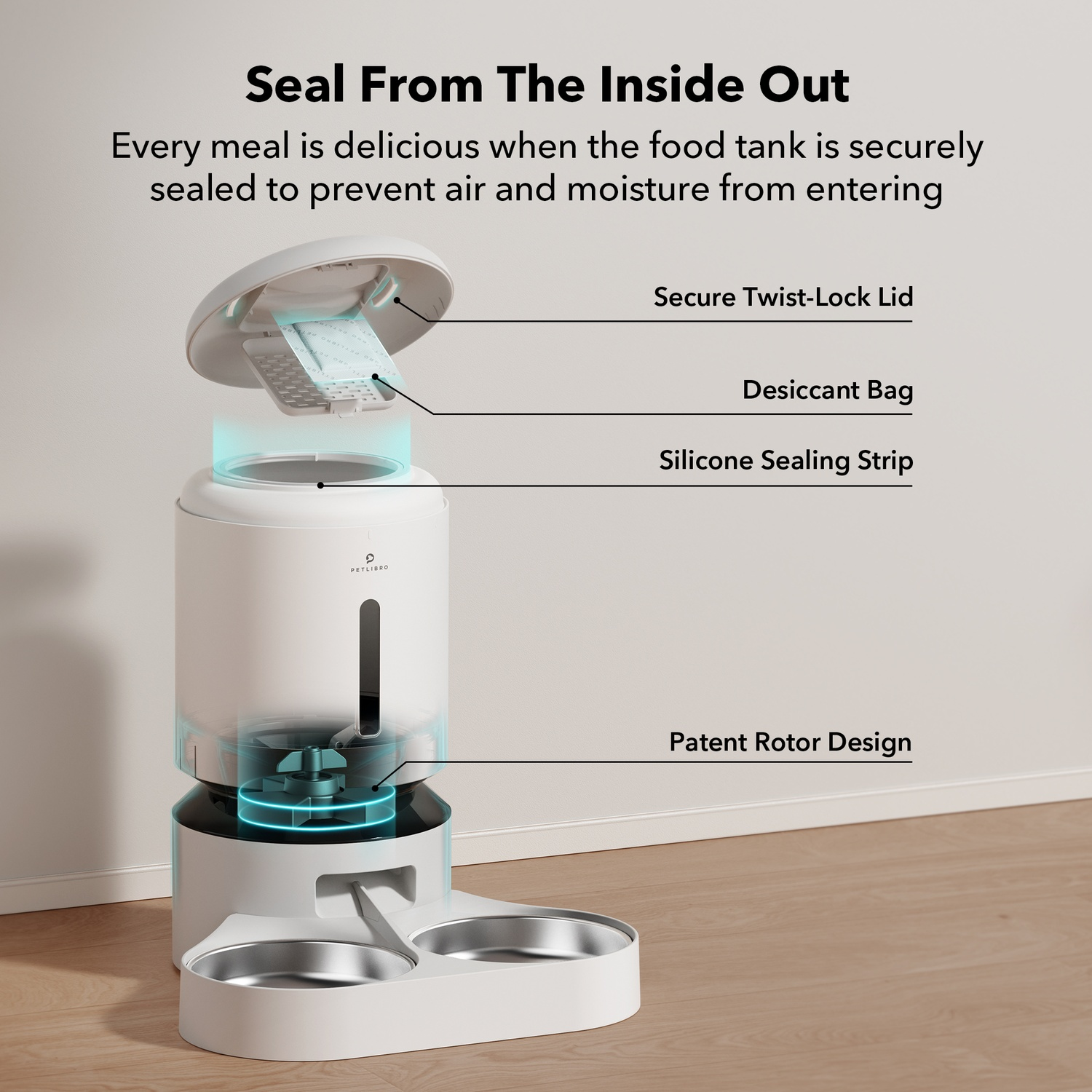 White pet food dispenser disassembled, showing key components and their function.