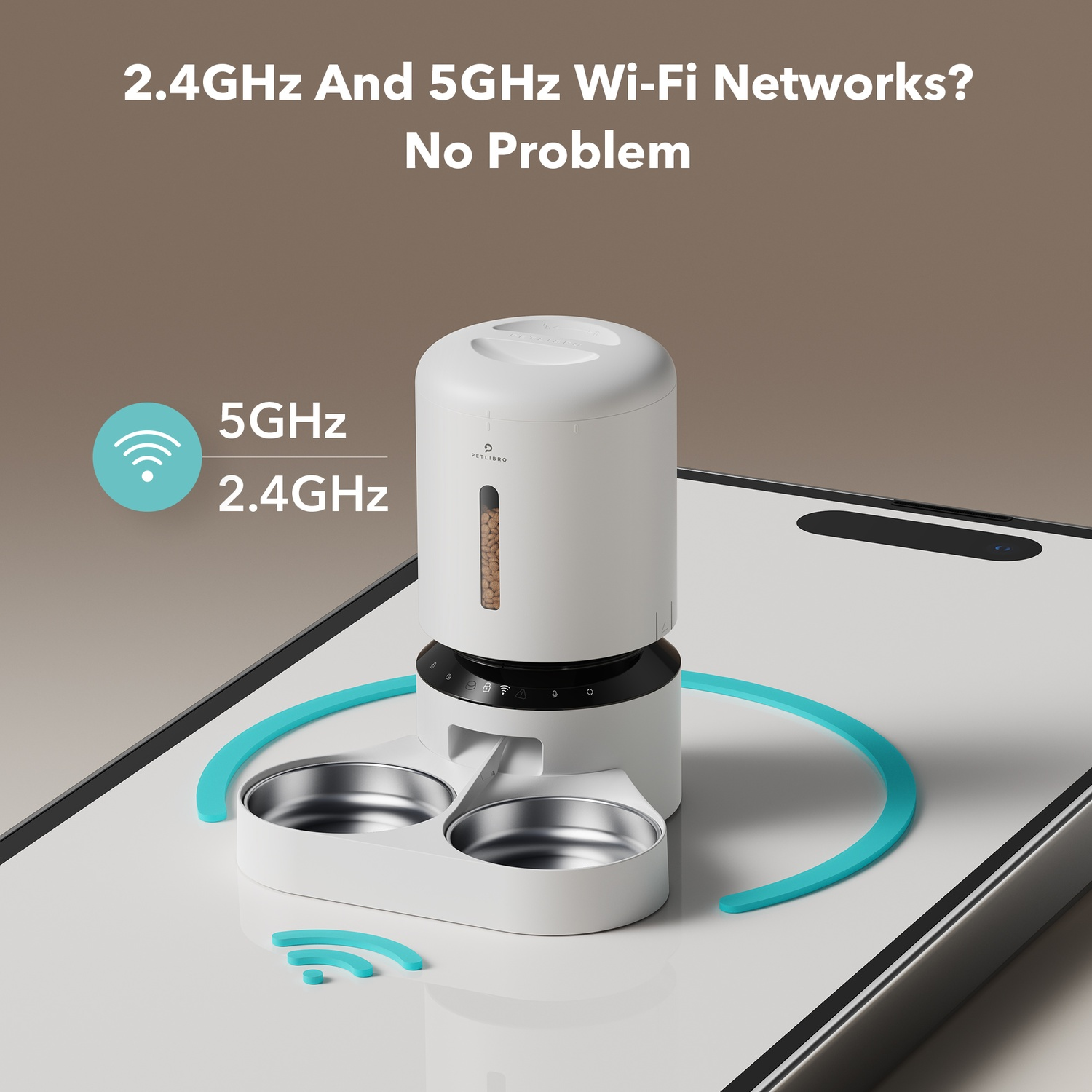 A white pet feeder on a phone screen, with 2 bowls. Text: '2.4GHZ And 5GHZ Wi-Fi Networks?'.