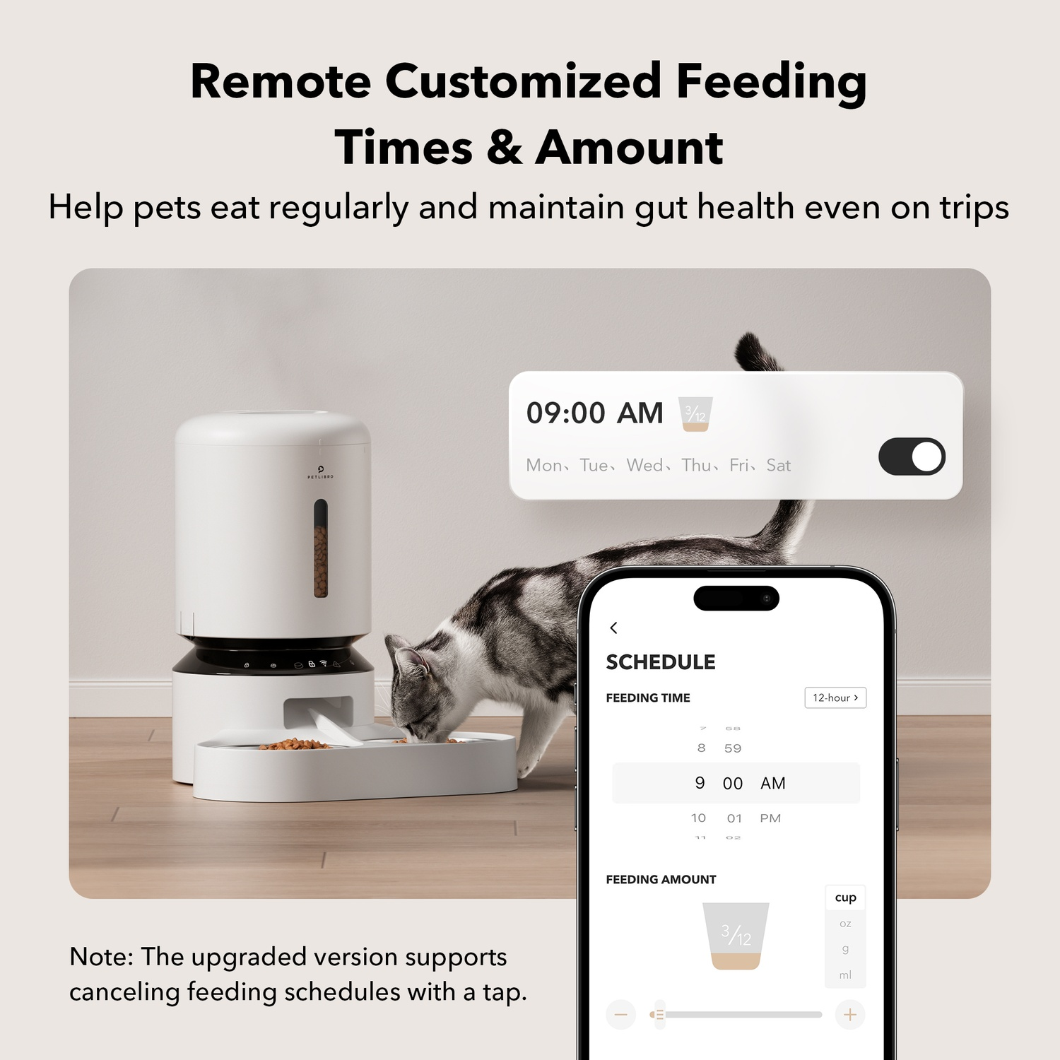 A cat eating from a smart feeder, with a phone showing feeding times and amount.