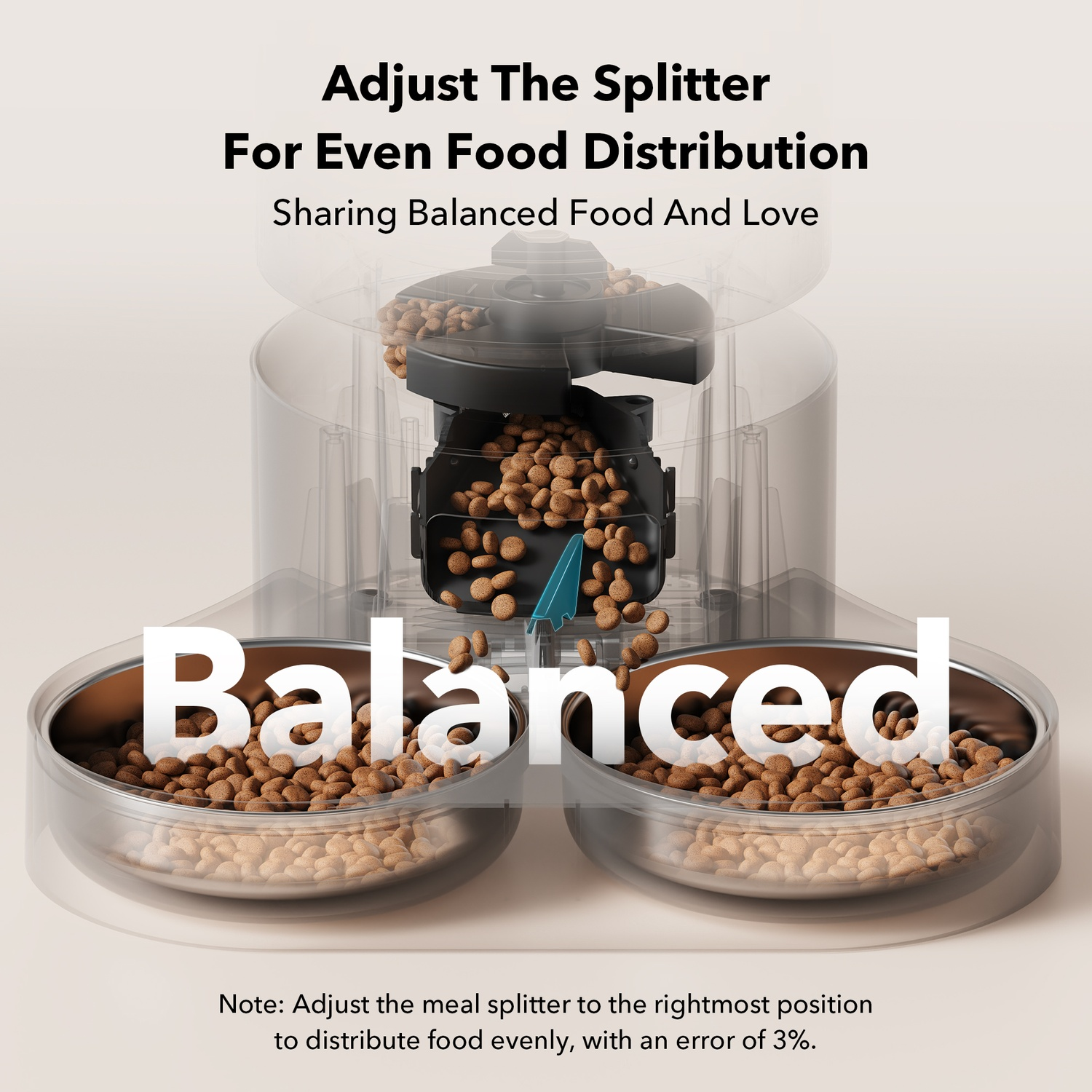Pet food dispenser with two bowls and text. Food is being dispensed into the bowls.