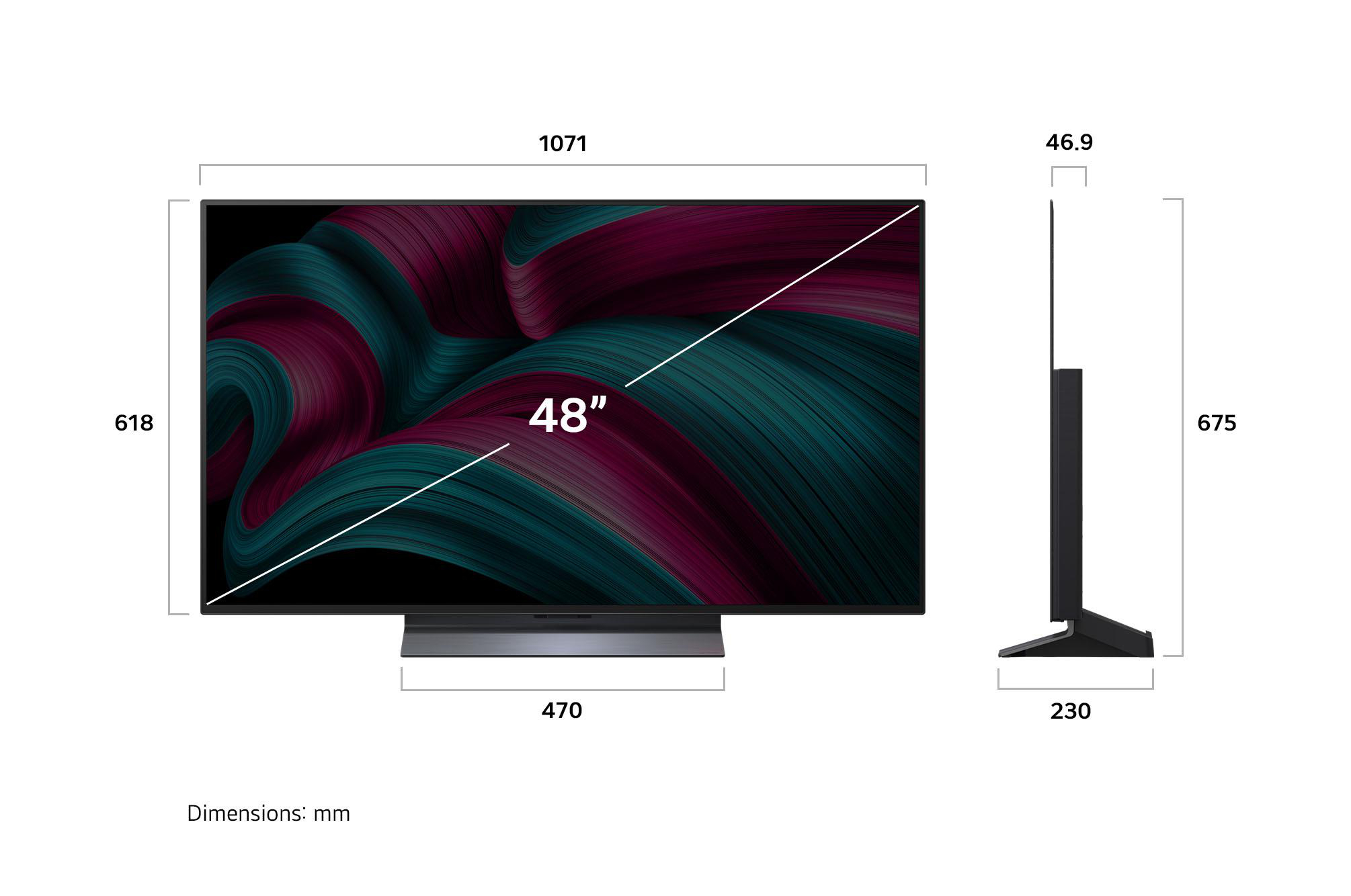 Ein 48-Zoll-Fernseher mit Abmessungen. Der Bildschirm zeigt ein buntes, abstraktes Bild.