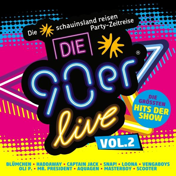 Albumcover: 90er-Live-Musik-Compilation mit Neontext auf pinkem und schwarzem Hintergrund.