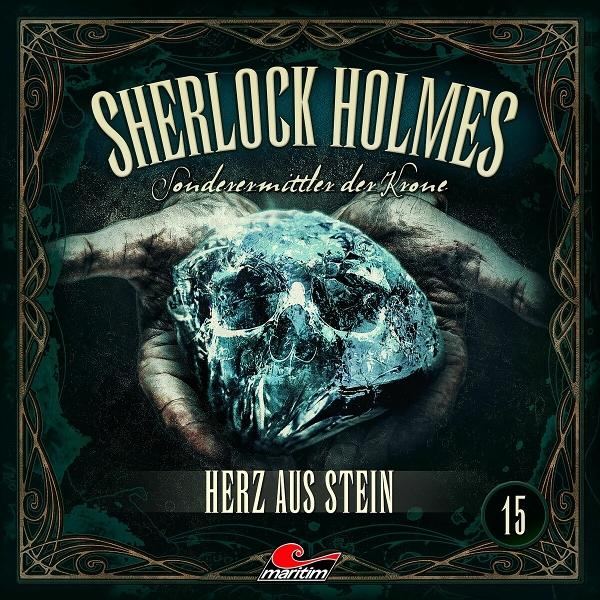 Buchcover. Ein schädelartiges Objekt in Händen gehalten. Text: 'Sherlock Holmes' und 'Herz Aus Stein'.