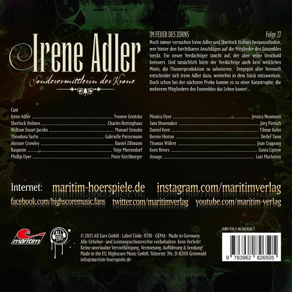 Poster für ein Theaterstück mit dem Titel 'Irene Adler' und Besetzungsliste.