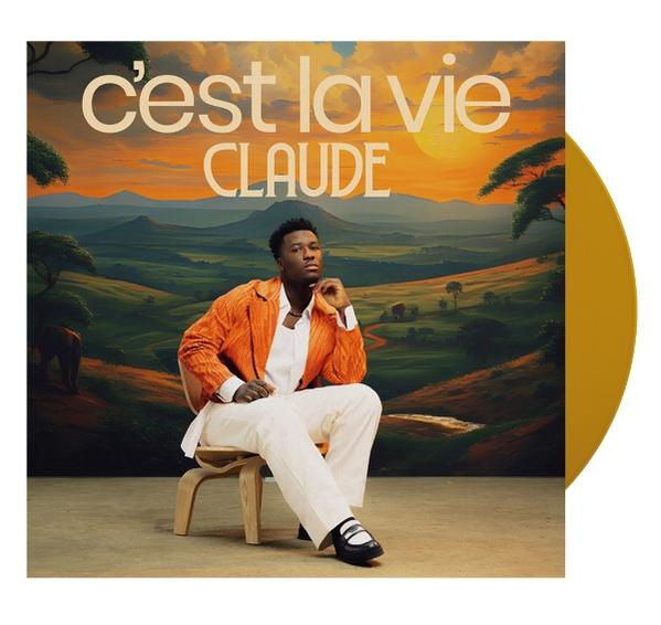 Albumcover: Mann in orangefarbener Jacke, weiße Hose, Schallplatte rechts, Sonnenuntergang im Hintergrund.