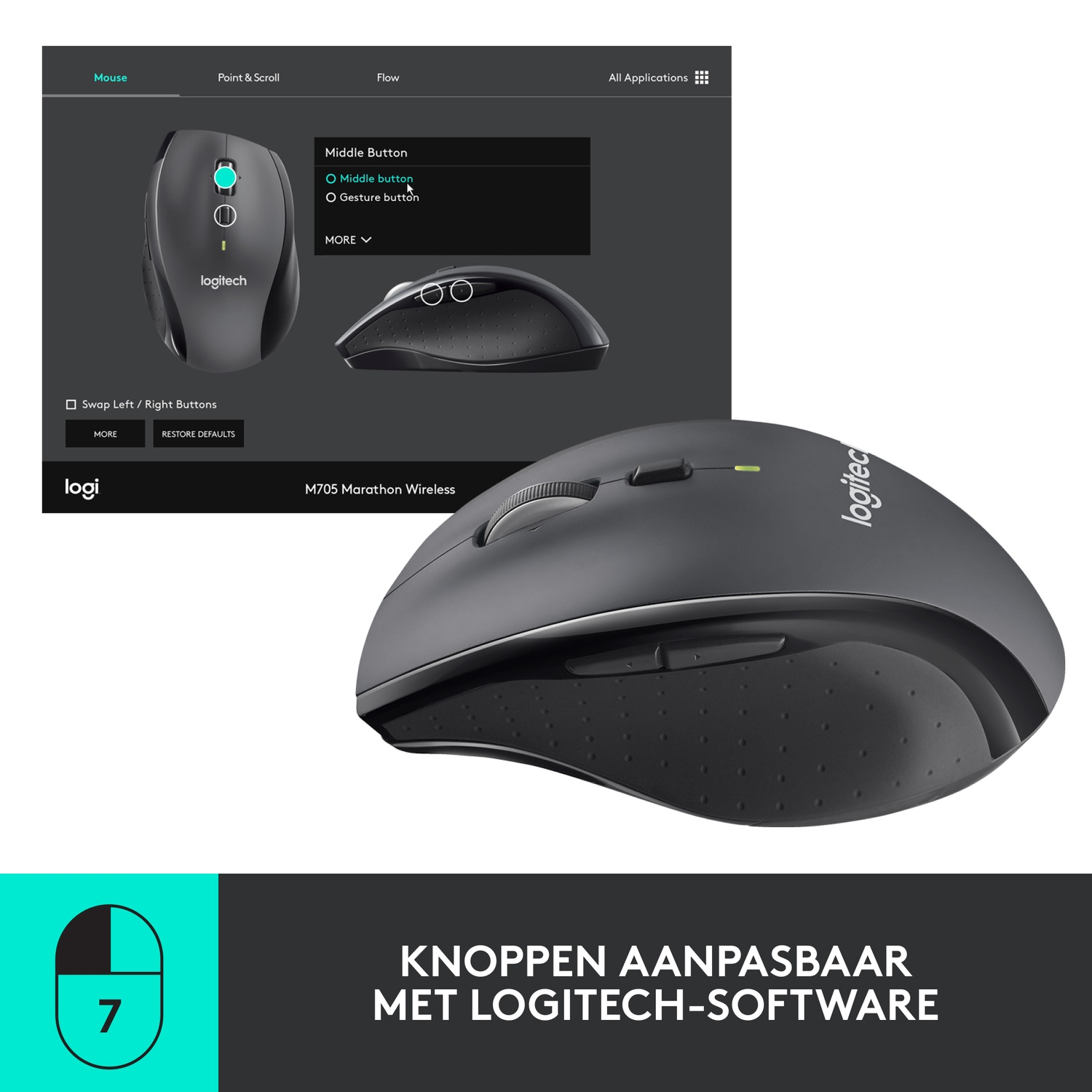 Logitech mouse with a screen showing mouse settings. The mouse is dark gray.