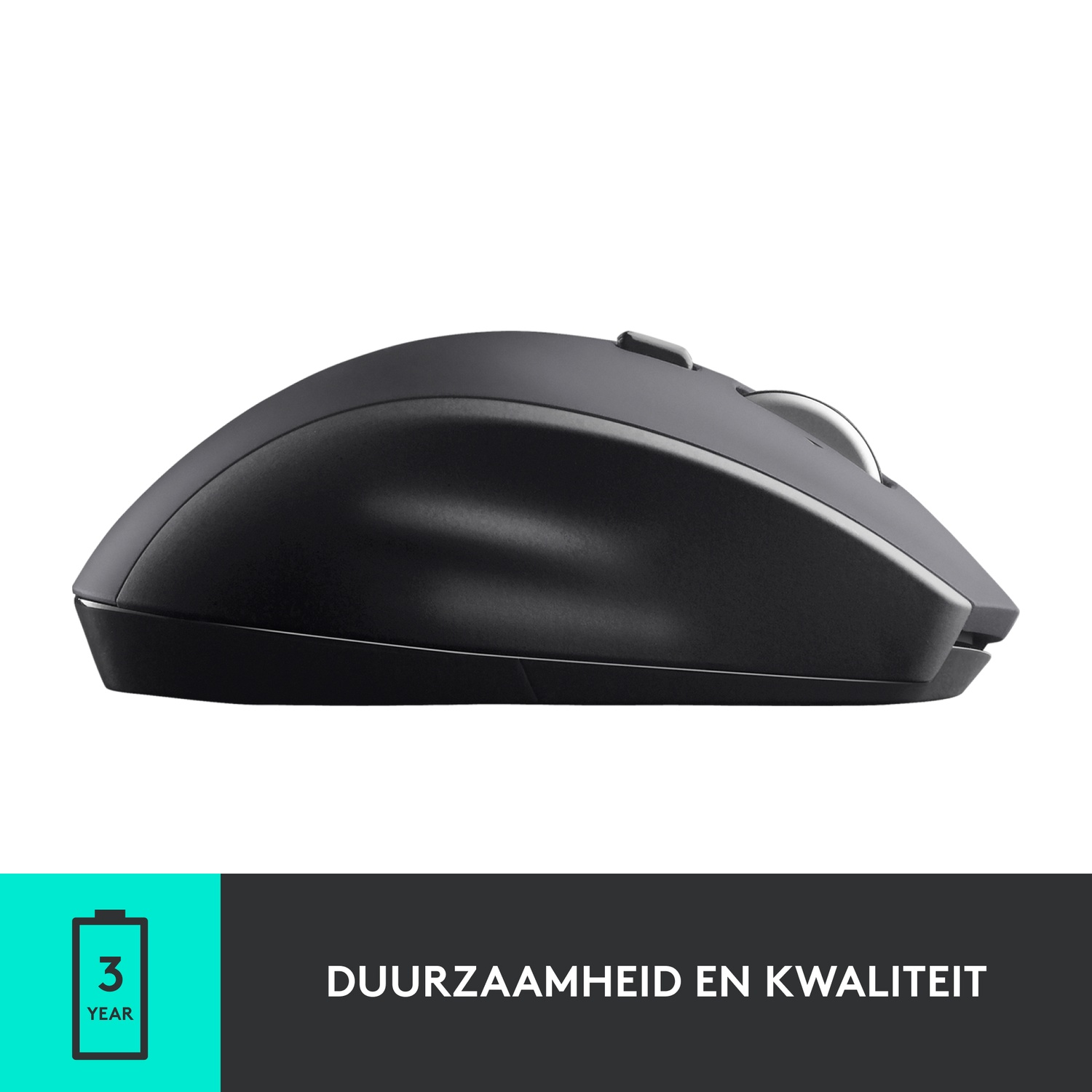 A black mouse with a scroll wheel and buttons on a white background.