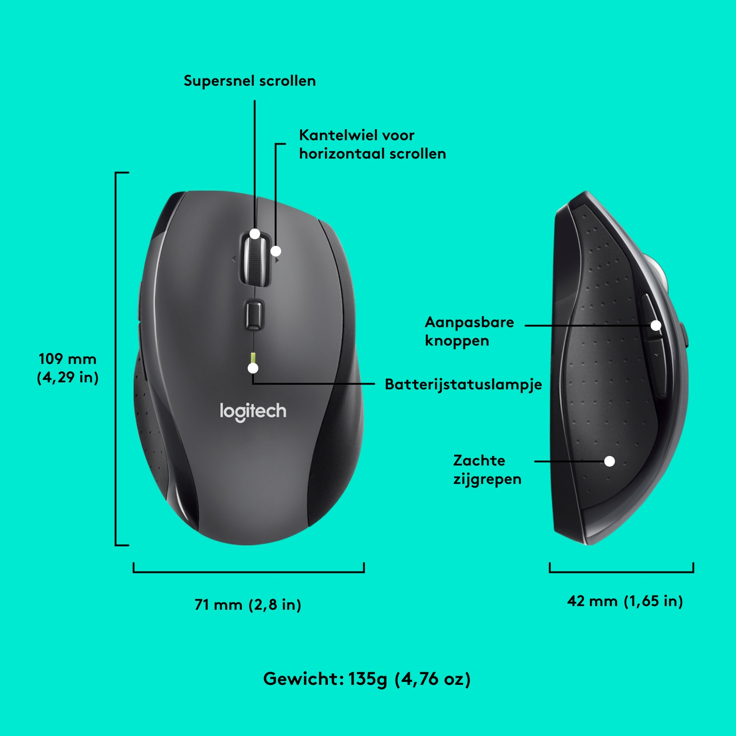 A black Logitech mouse with two sides visible, showing dimensions and features.