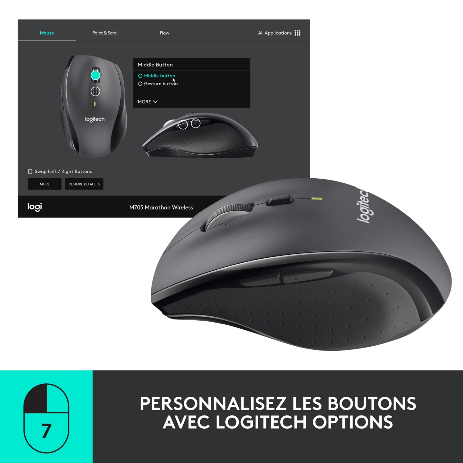 Souris Logitech grise avec un accent noir et un écran montrant les paramètres de la souris.