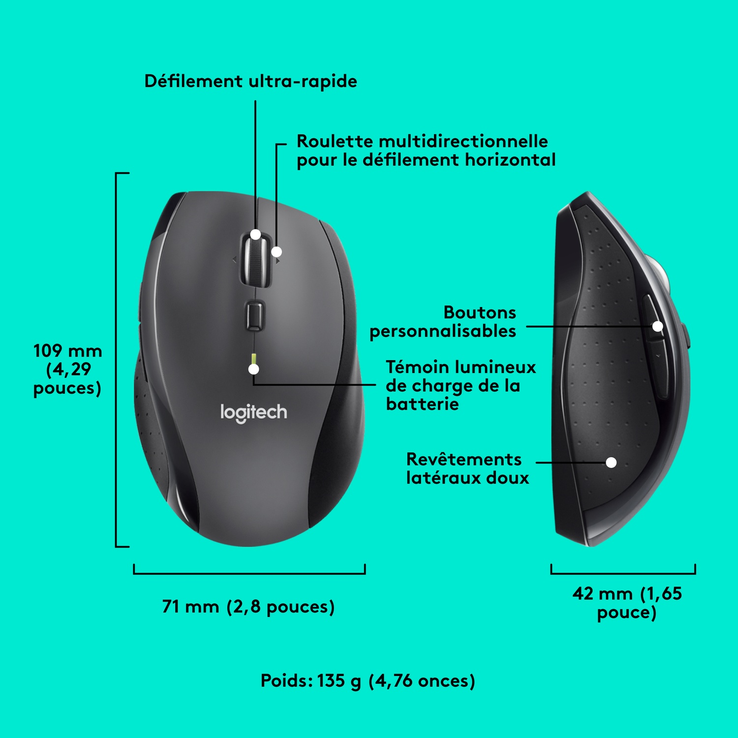 Diagramme d'une souris noire, montrant les dimensions et les étiquettes en français, avec des poignées latérales souples.