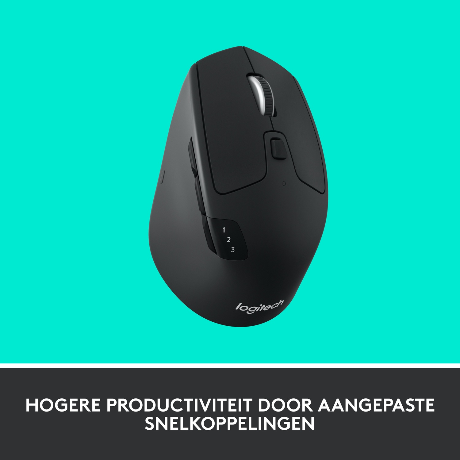 Black mouse with buttons. The mouse is on a blue background.