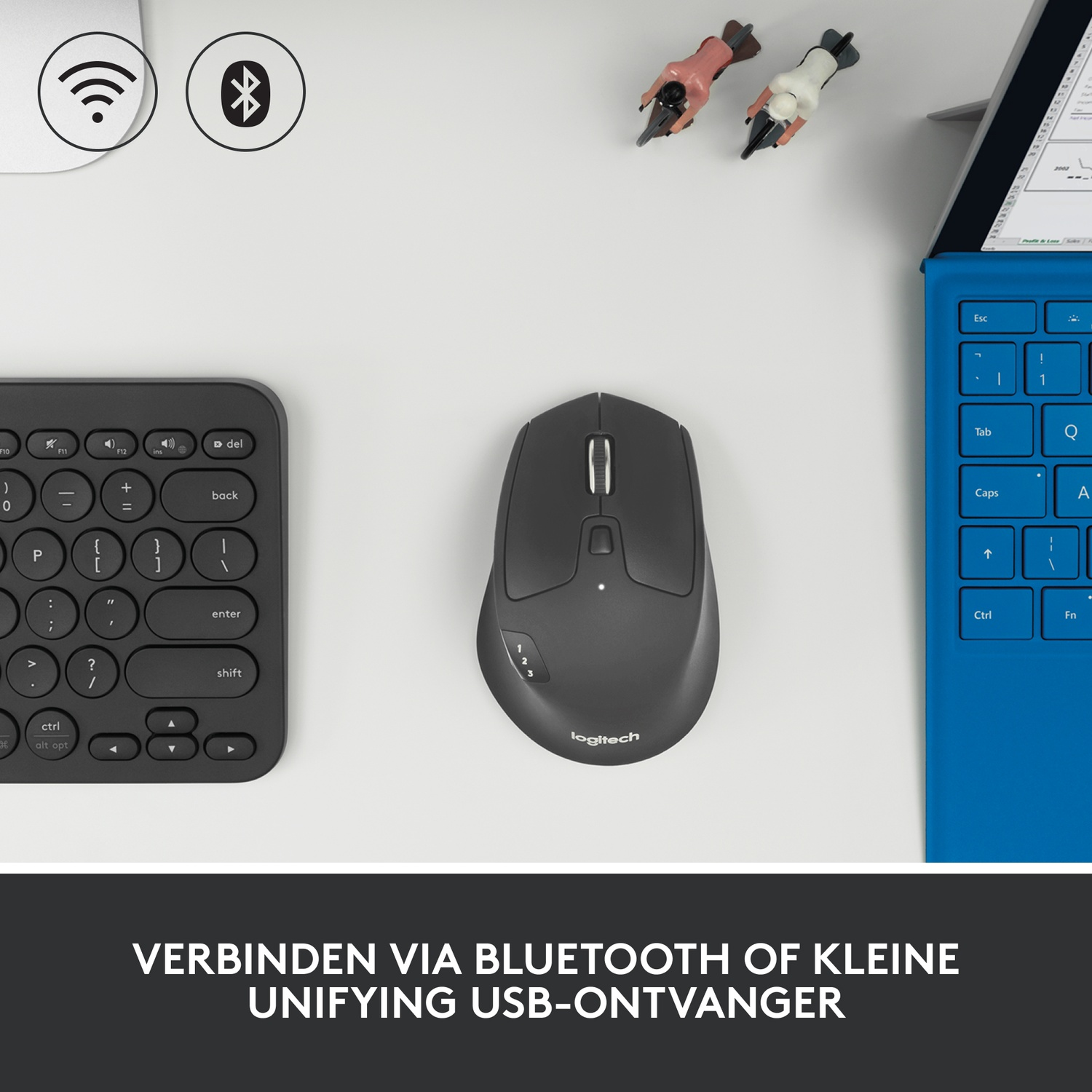 Wireless mouse, keyboard, and laptop. Text: Verbinden via Bluetooth of kleine USB-ontvanger.