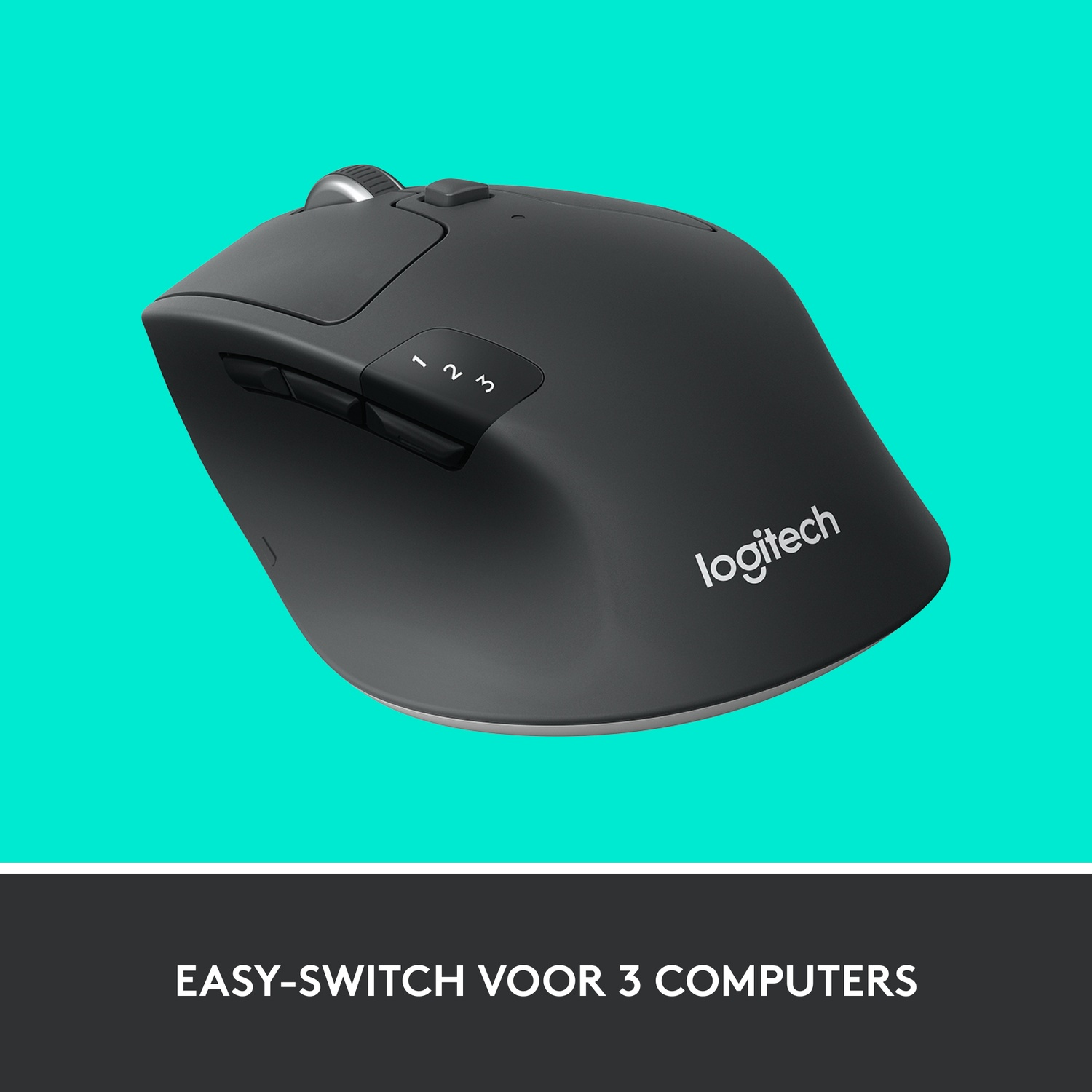 Black Logitech mouse on a teal background, with number buttons.