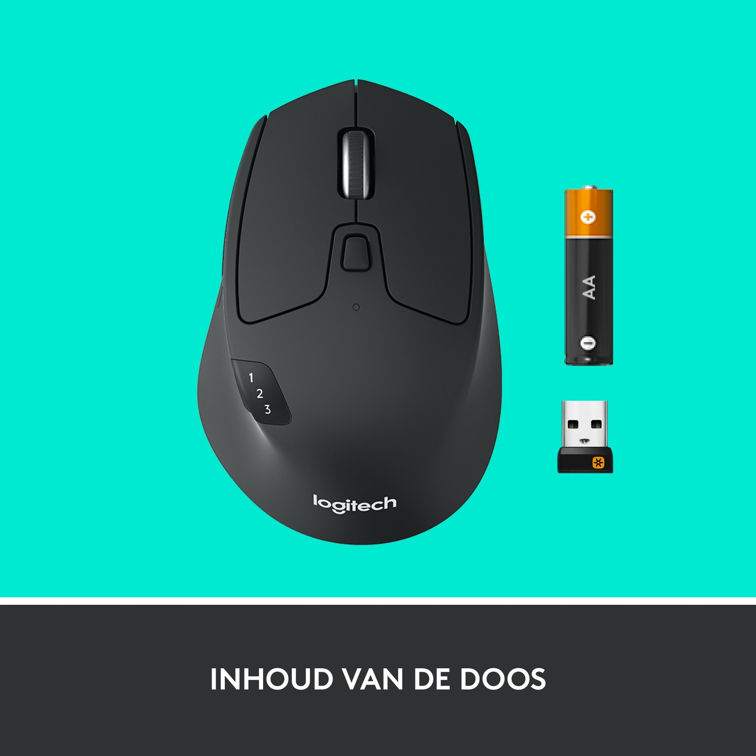 Black mouse and a battery and a USB receiver. The background is blue.