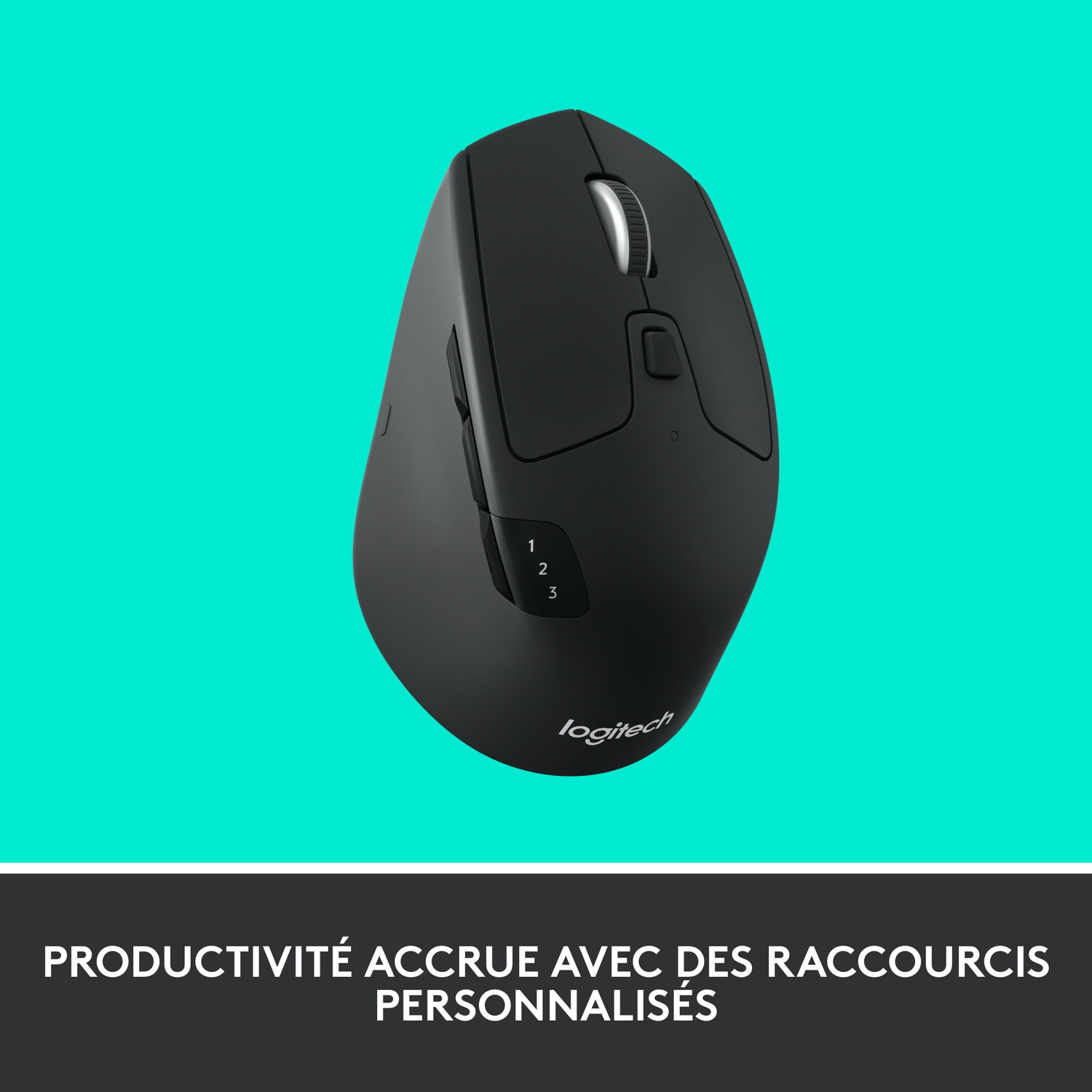 Une souris noire sur fond bleu-vert. Elle possède des boutons et une molette de défilement.