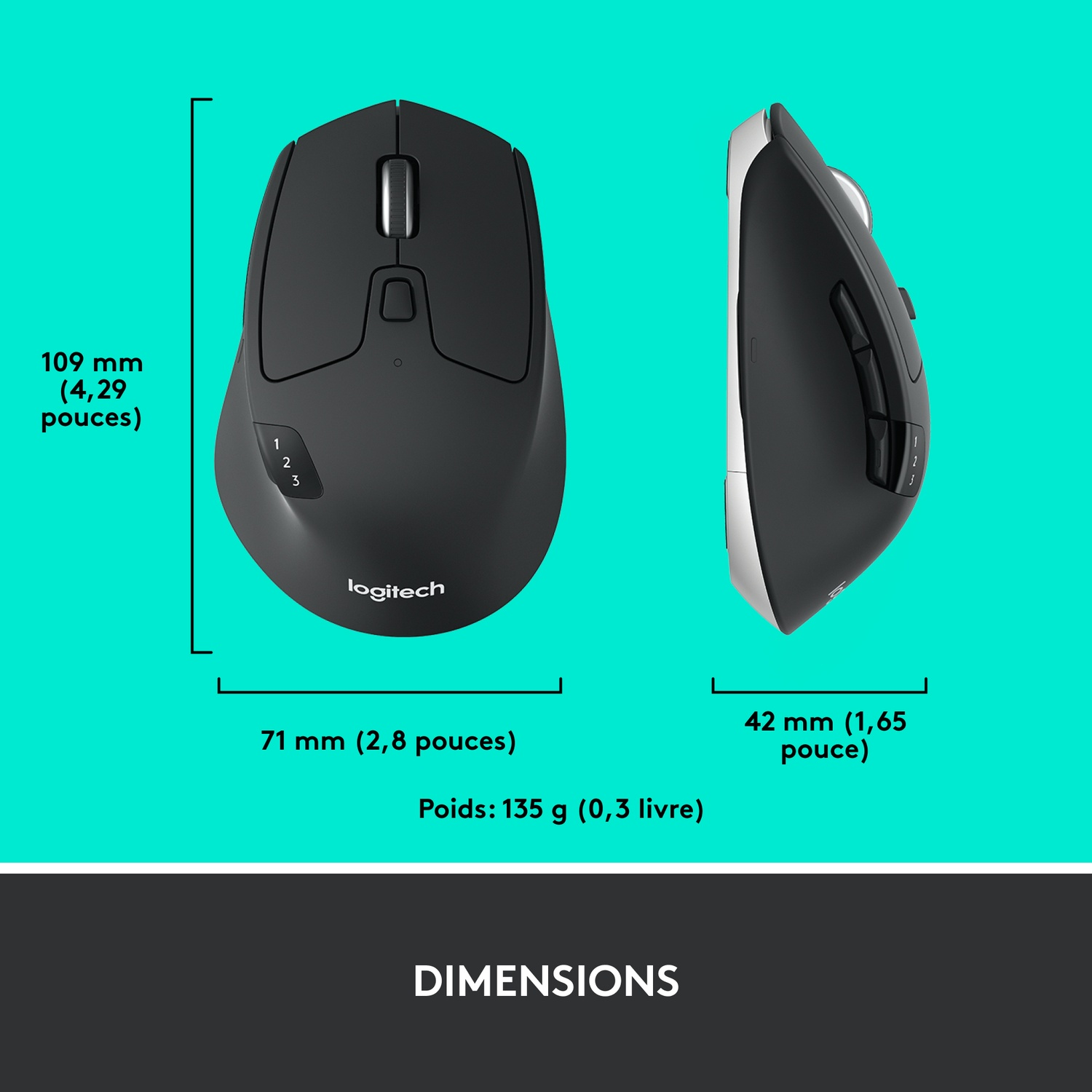Souris Logitech noire avec dimensions en mm et pouces.