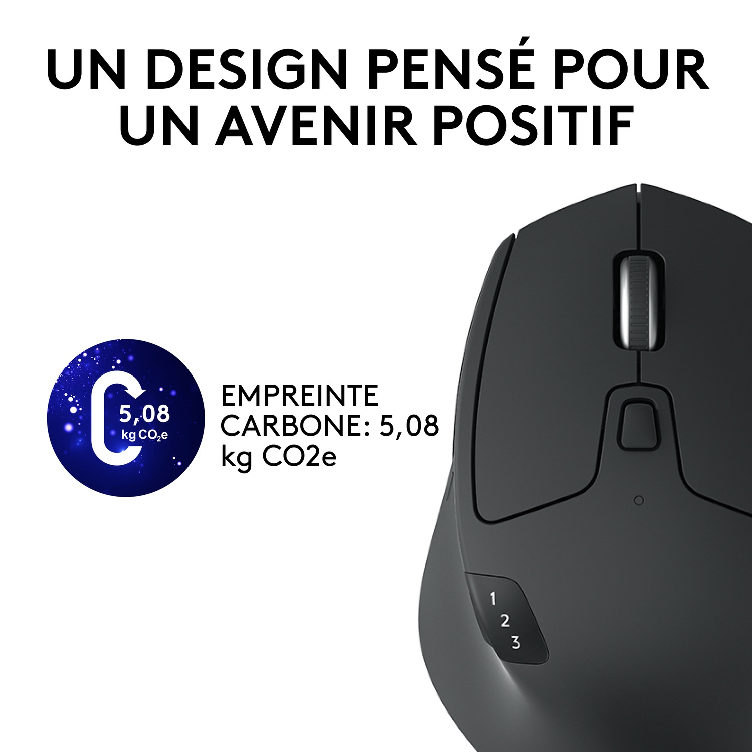 Une souris d'ordinateur noire avec des informations sur l'empreinte carbone et un cercle bleu.