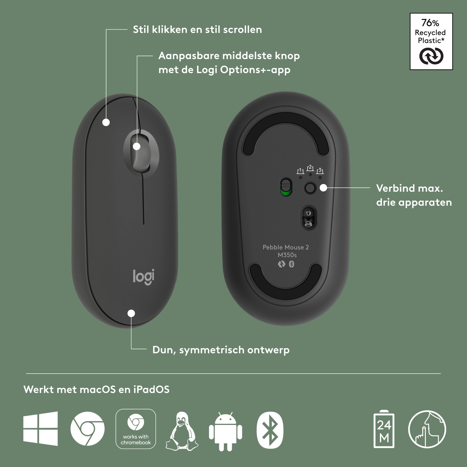 Black Logitech mouse showing top and bottom view, with text and icons.