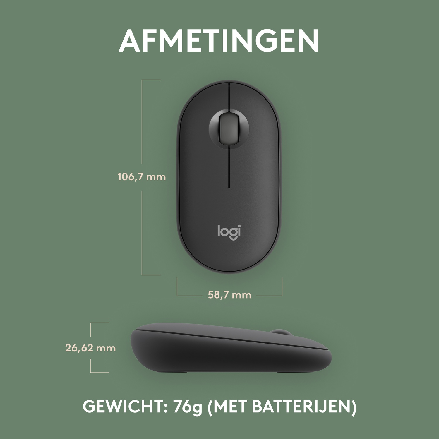 Black mouse with dimensions: 106.7mm x 58.7mm x 26.62mm, weight 76g with batteries.