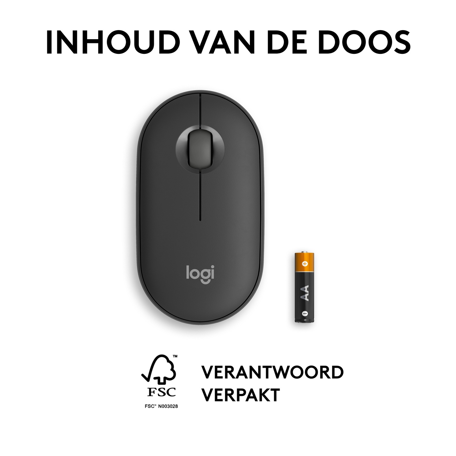 A black mouse and an AA battery are shown on a white background. Text says 'Contents of the box'.
