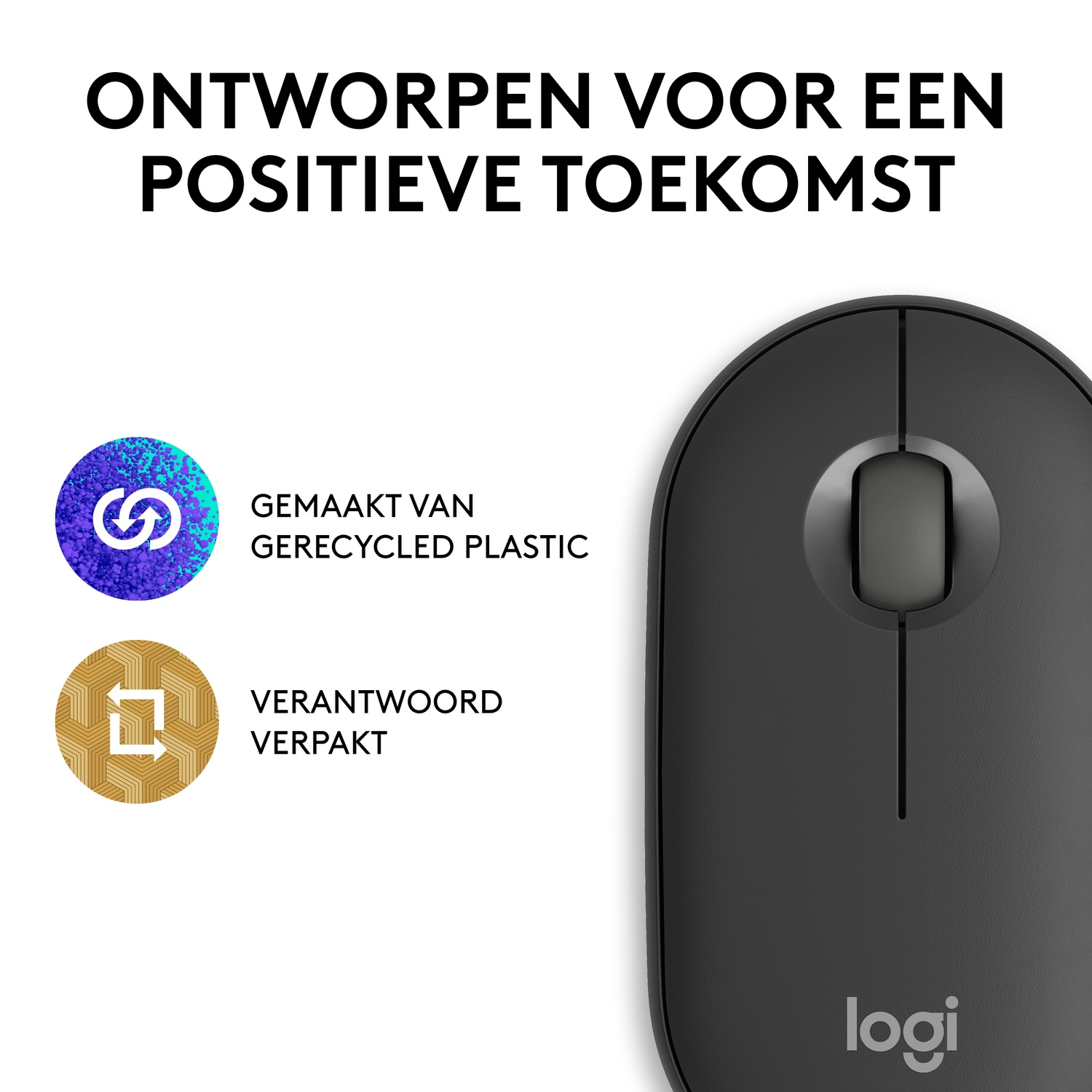 Black mouse with text about recycled plastic and responsible packaging. The logo is present.