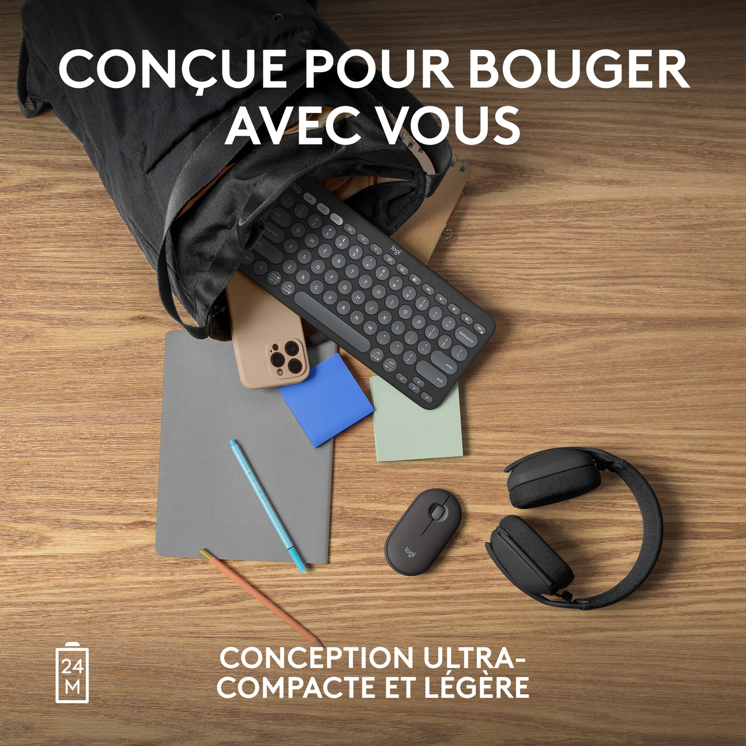 Sac avec tech: clavier, téléphone, souris, casque.