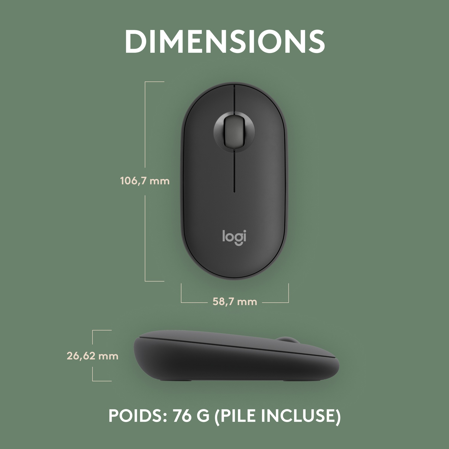 Souris noire avec dimensions : 106,7 mm x 58,7 mm x 26,62 mm, poids 76 g avec batterie.