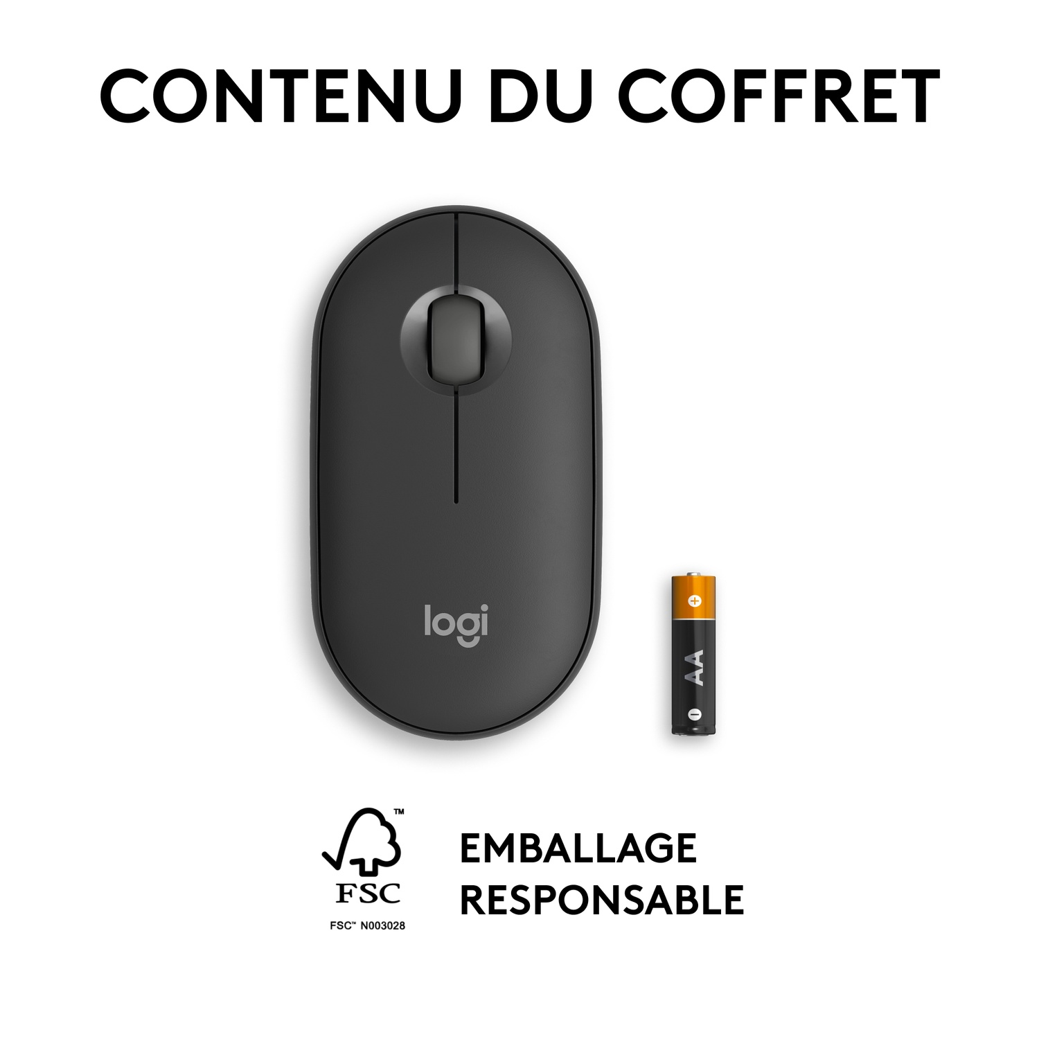 Une souris Logitech noire et une pile, avec du texte sur l'emballage responsable.
