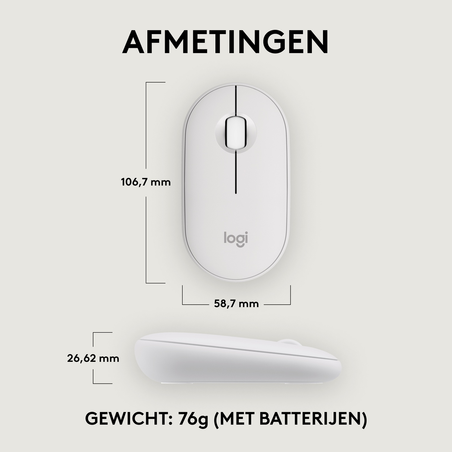 A white computer mouse with dimensions and weight information.