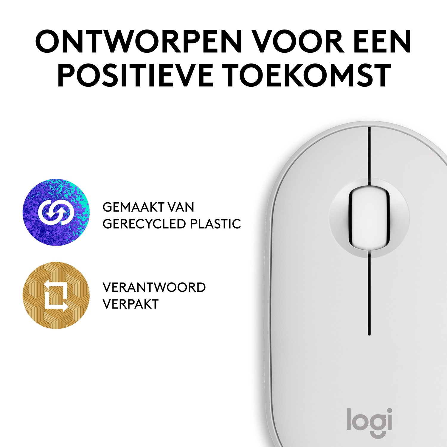 White mouse with text about recycled plastic and responsible packaging. The logo is present.