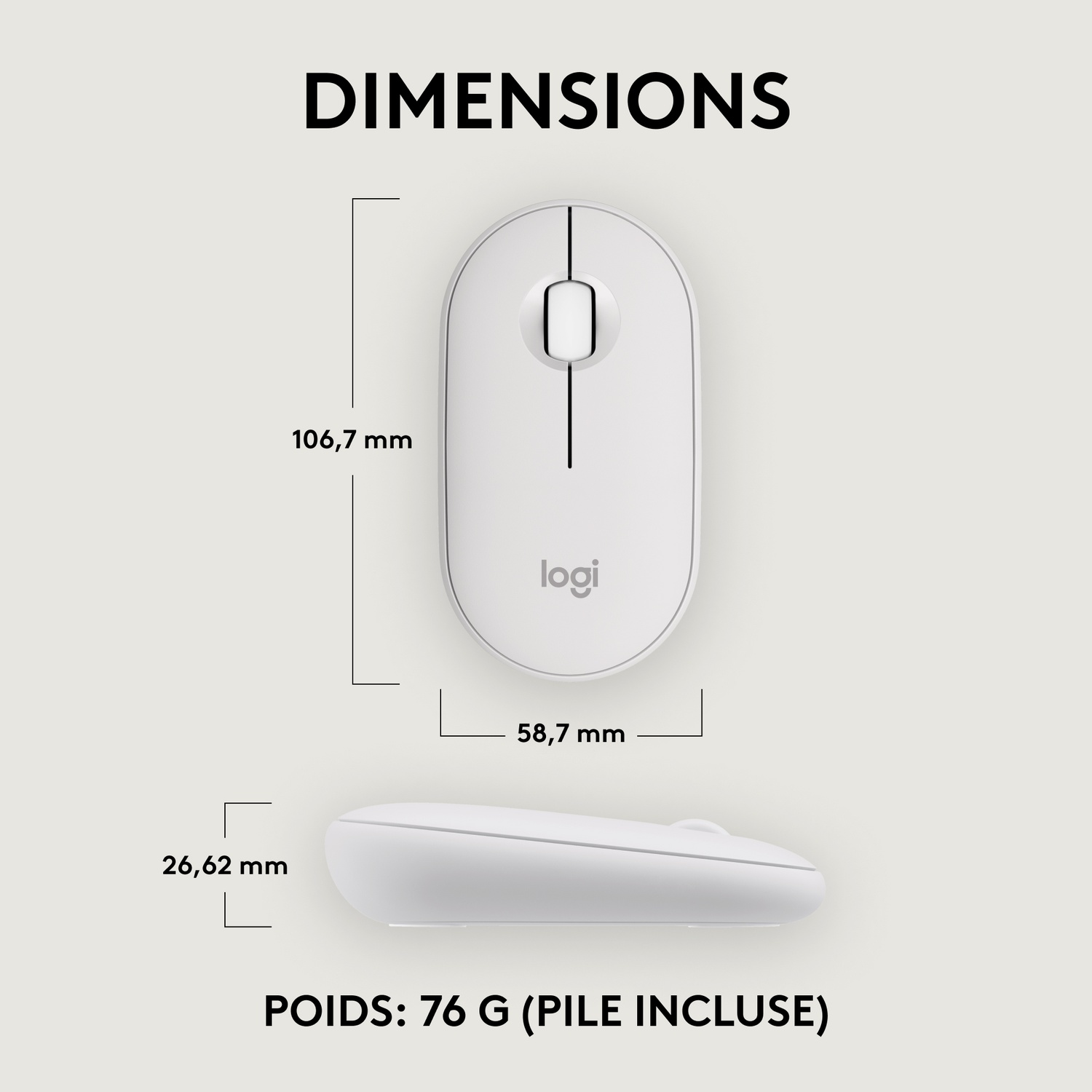 Souris Logitech blanche avec dimensions et mesures. Deux vues sont affichées.