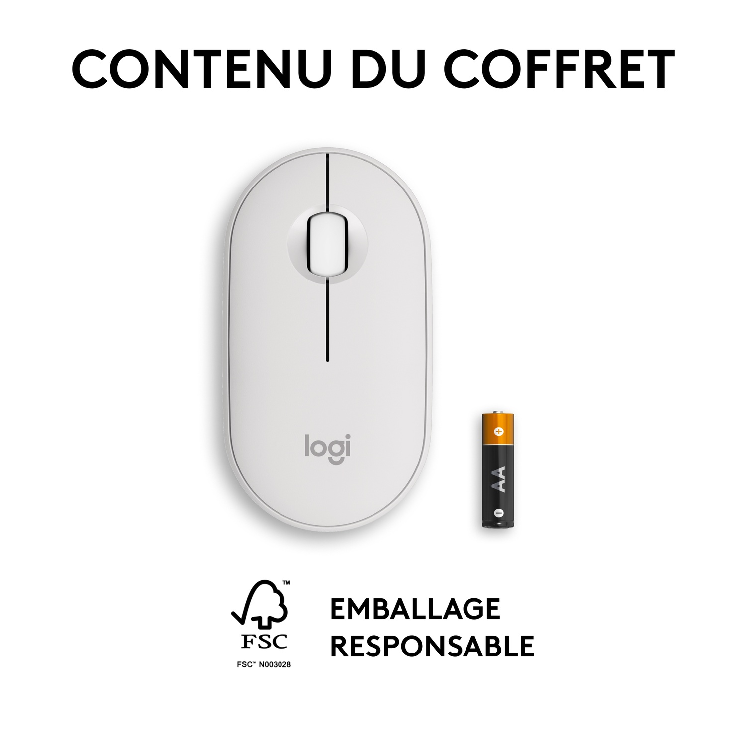 Souris blanche et pile AA sur une surface blanche.