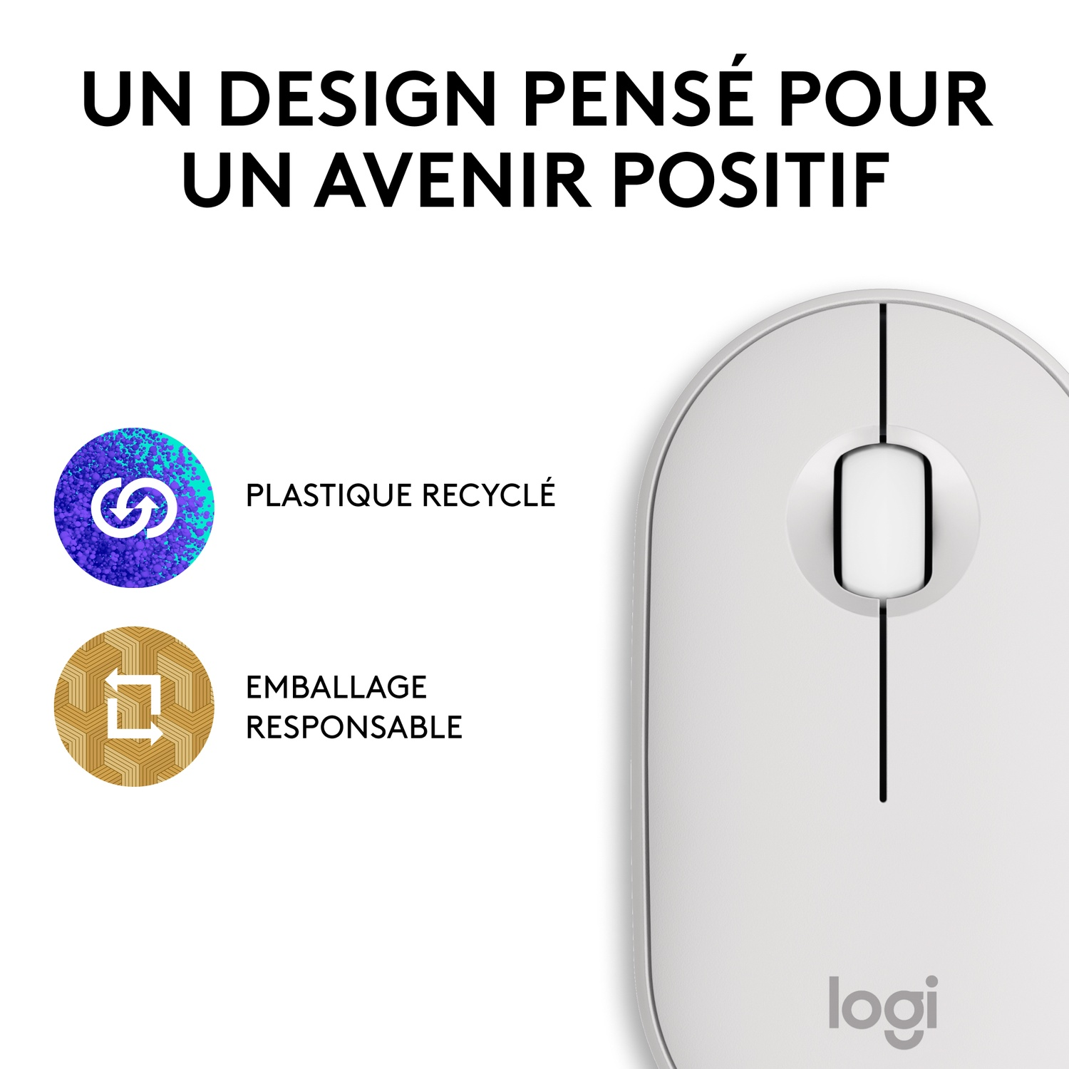 Souris blanche avec molette noire. Icônes pour plastique recyclé et emballage responsable.