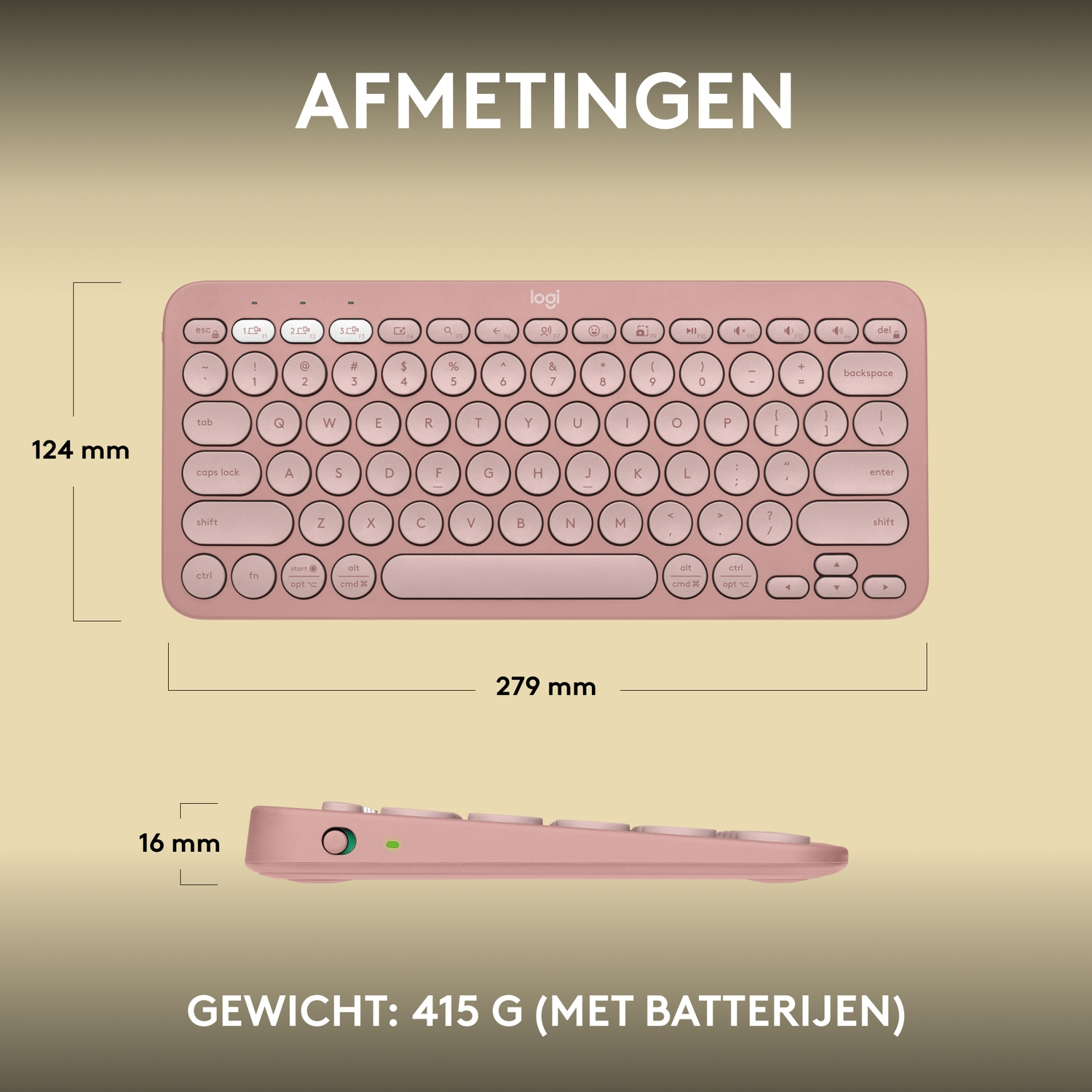 Roze toetsenbord met afmetingen: 124 mm x 279 mm x 16 mm. Gewicht: 415g.