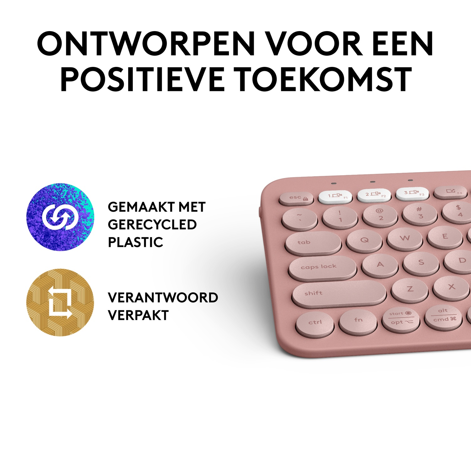 Roze toetsenbord met recycling- en verpakkingspictogrammen, witte tekst.